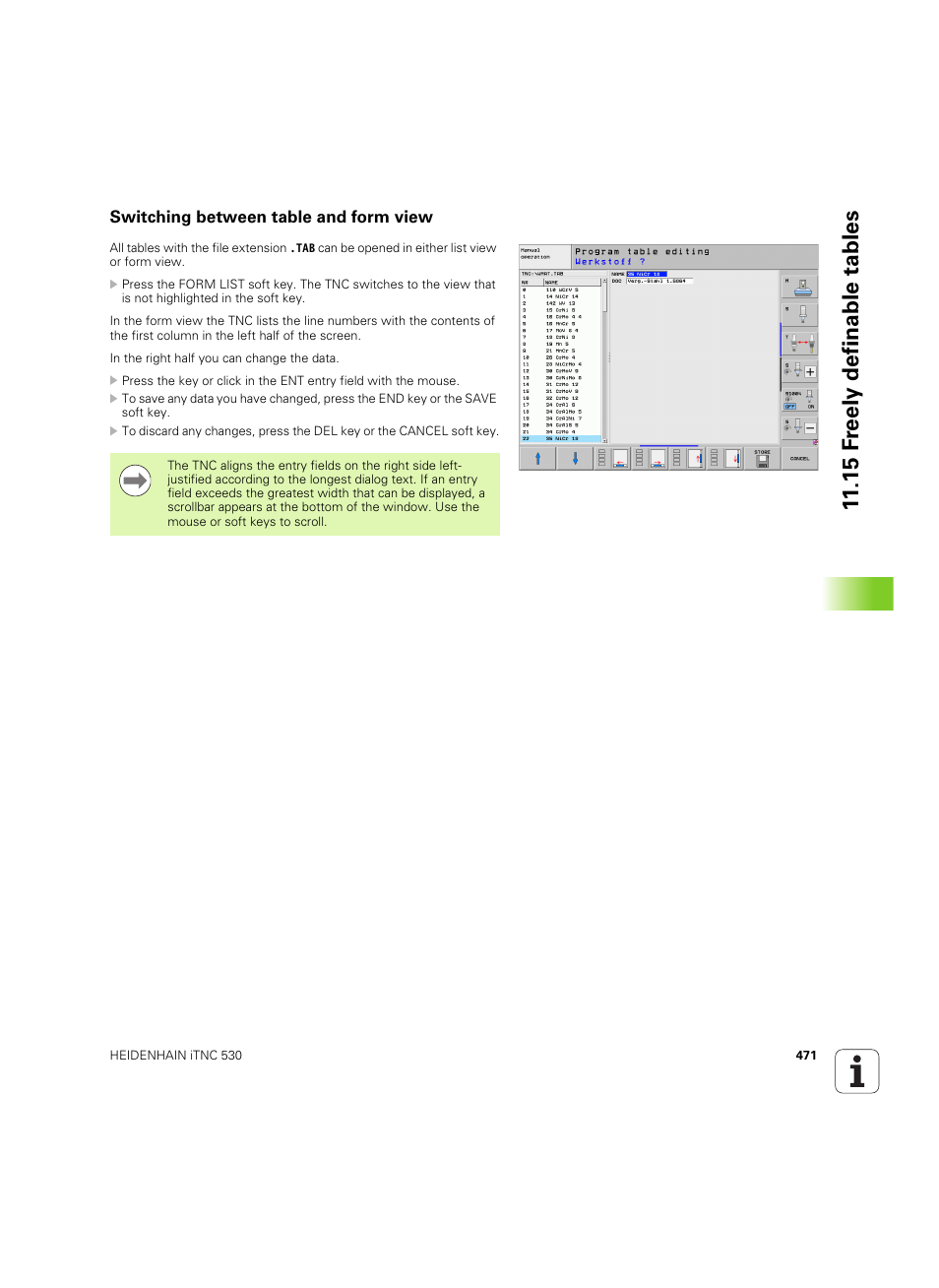 Switching between table and form view, 15 f reely definable tables | HEIDENHAIN iTNC 530 (60642x-03) User Manual | Page 471 / 735