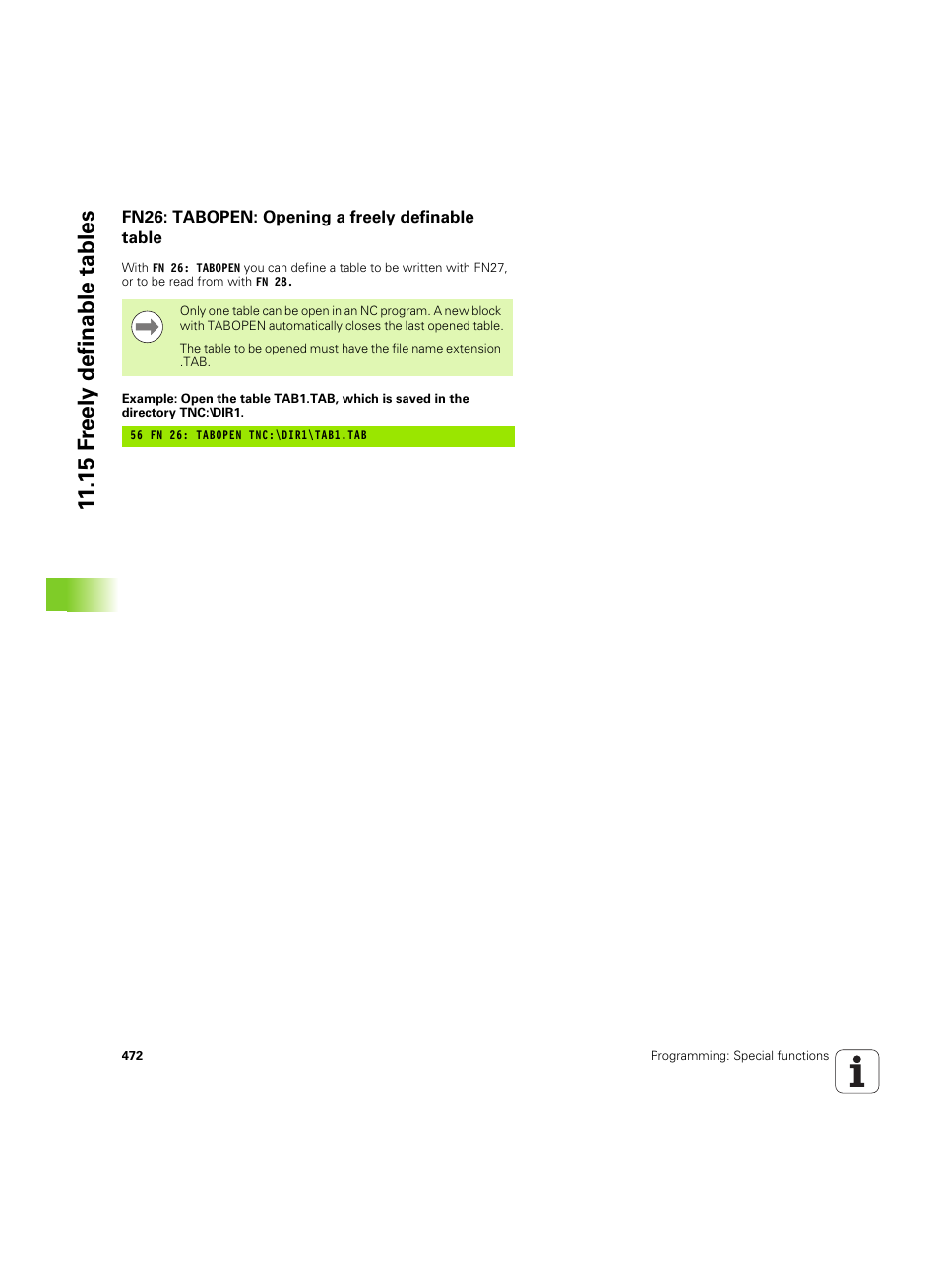 Fn26: tabopen: opening a freely definable table, 15 f reely definable tables | HEIDENHAIN iTNC 530 (60642x-03) User Manual | Page 472 / 735