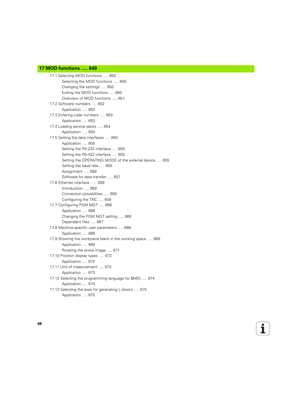 17 mod functions | HEIDENHAIN iTNC 530 (60642x-03) User Manual | Page 48 / 735