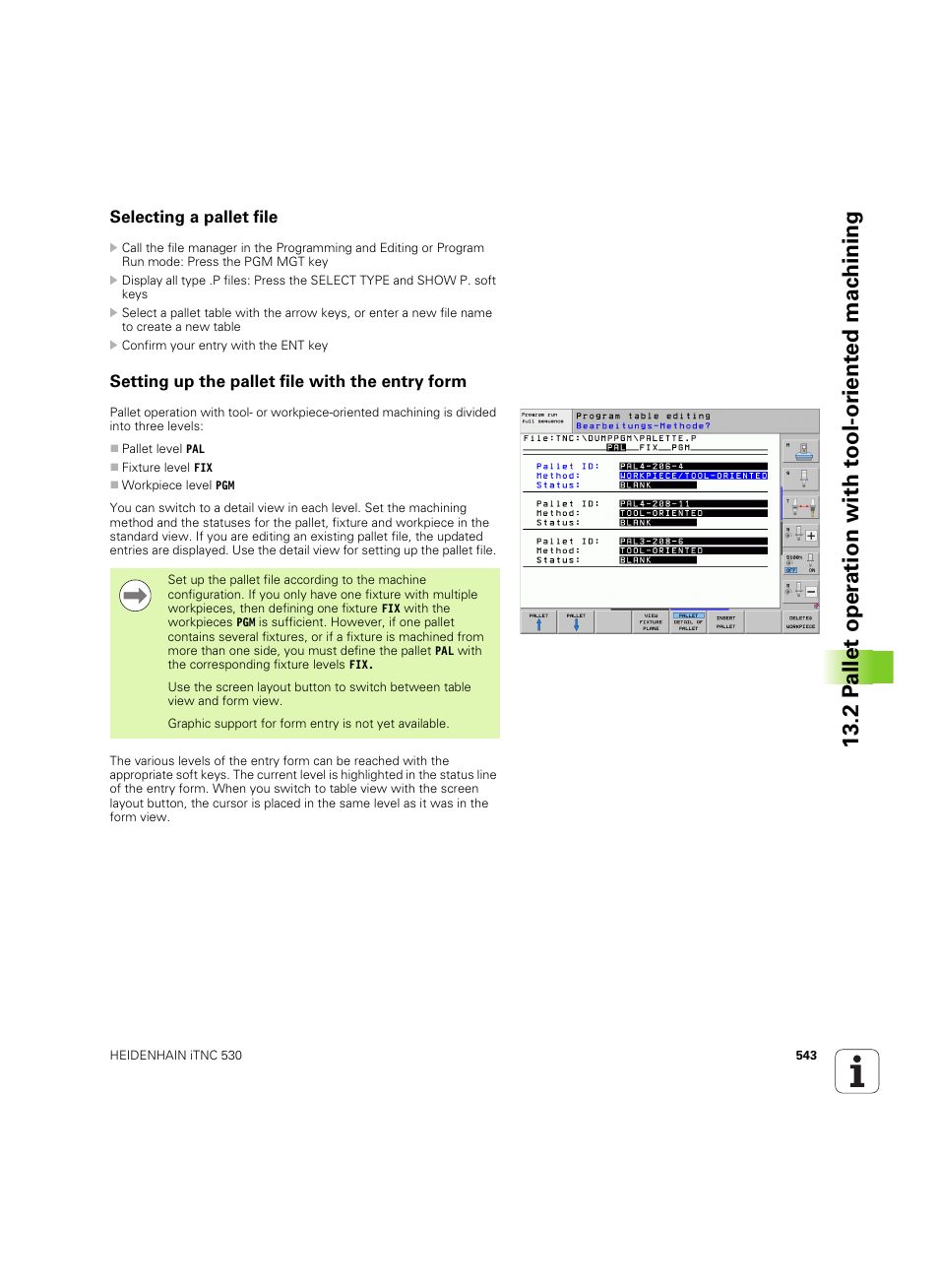 Selecting a pallet file, Setting up the pallet file with the entry form | HEIDENHAIN iTNC 530 (60642x-03) User Manual | Page 543 / 735