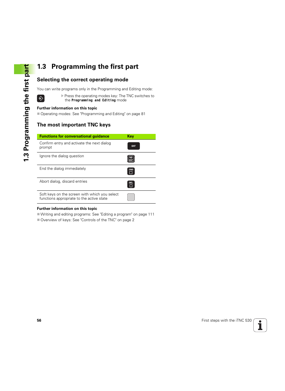 3 programming the first part, Selecting the correct operating mode, The most important tnc keys | HEIDENHAIN iTNC 530 (60642x-03) User Manual | Page 56 / 735