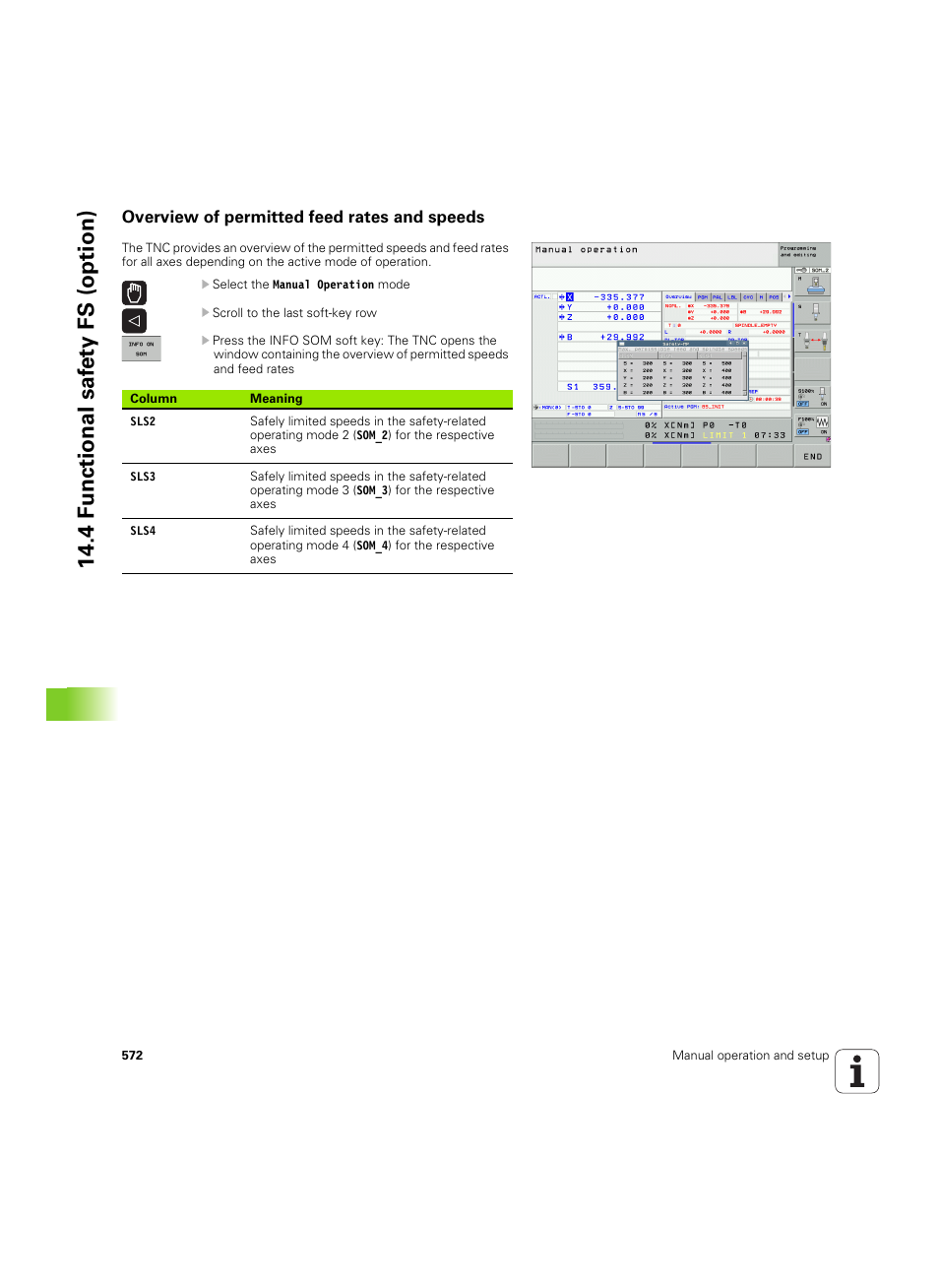 Overview of permitted feed rates and speeds, 4 f u nctional saf e ty fs (option) | HEIDENHAIN iTNC 530 (60642x-03) User Manual | Page 572 / 735