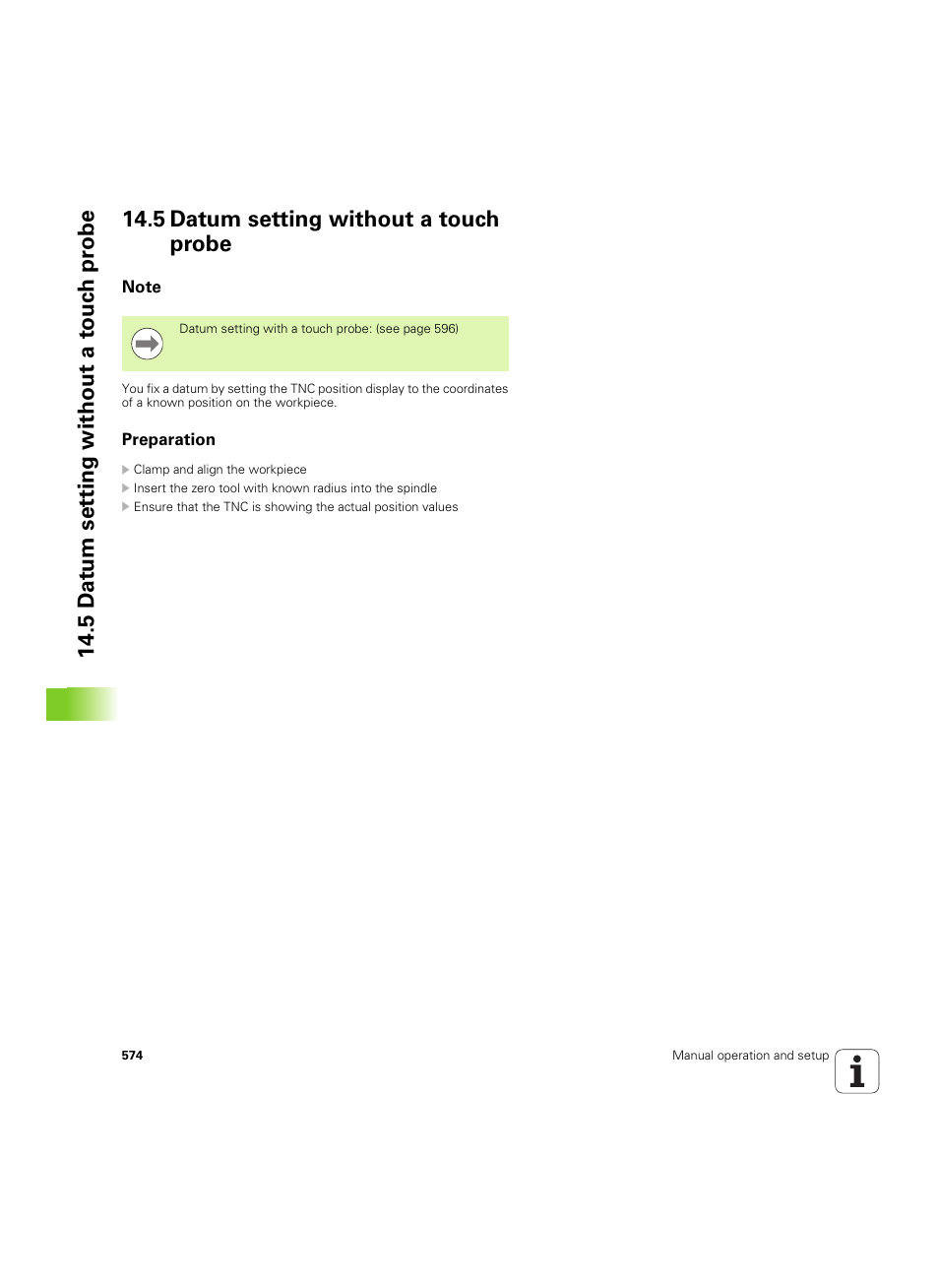 5 datum setting without a touch probe, Note, Preparation | HEIDENHAIN iTNC 530 (60642x-03) User Manual | Page 574 / 735