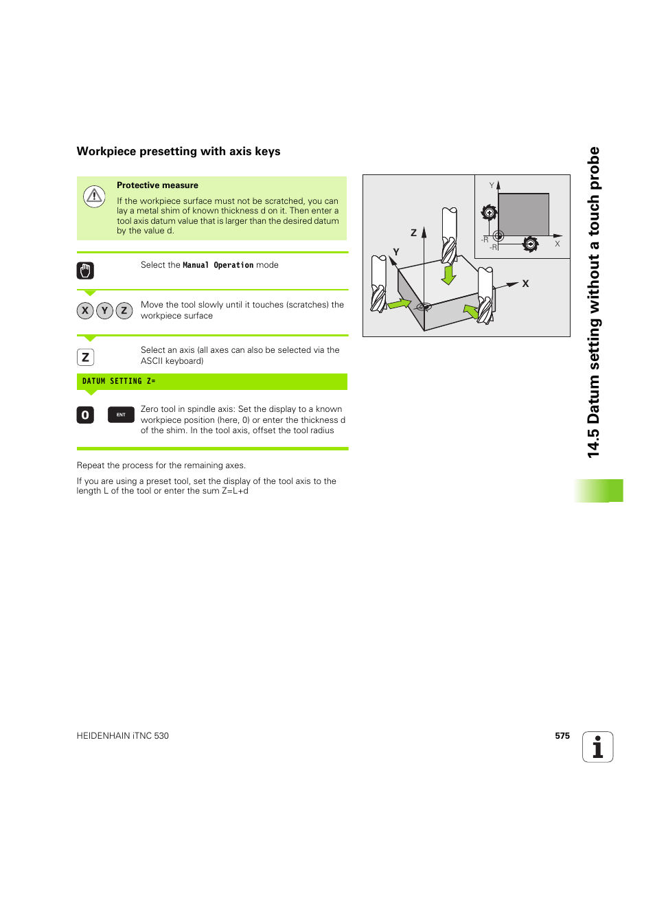 Workpiece presetting with axis keys | HEIDENHAIN iTNC 530 (60642x-03) User Manual | Page 575 / 735