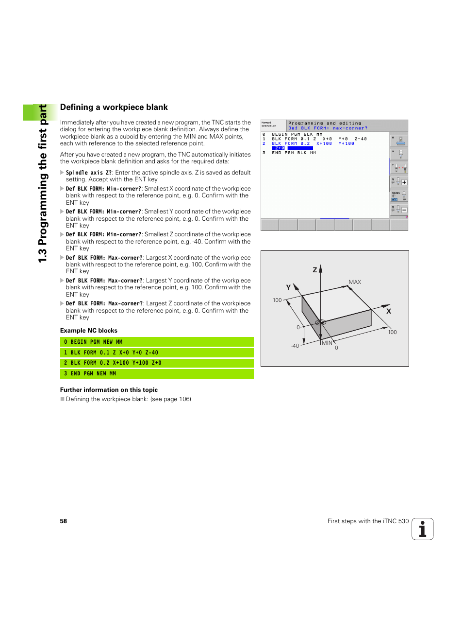 Defining a workpiece blank, 3 pr ogr amming the first par t | HEIDENHAIN iTNC 530 (60642x-03) User Manual | Page 58 / 735