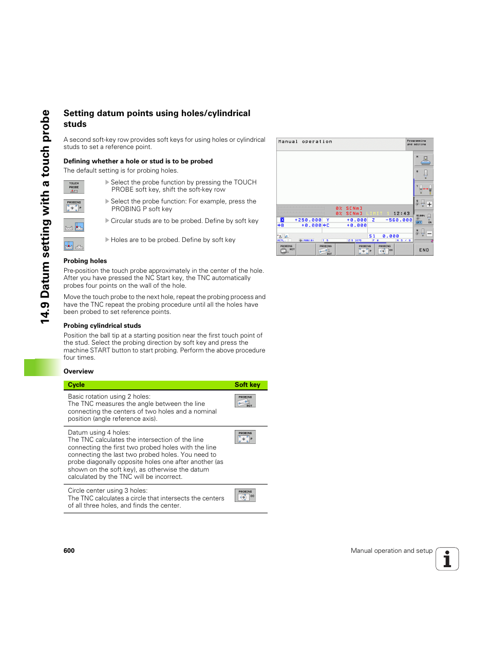 Setting datum points using holes/cylindrical studs | HEIDENHAIN iTNC 530 (60642x-03) User Manual | Page 600 / 735