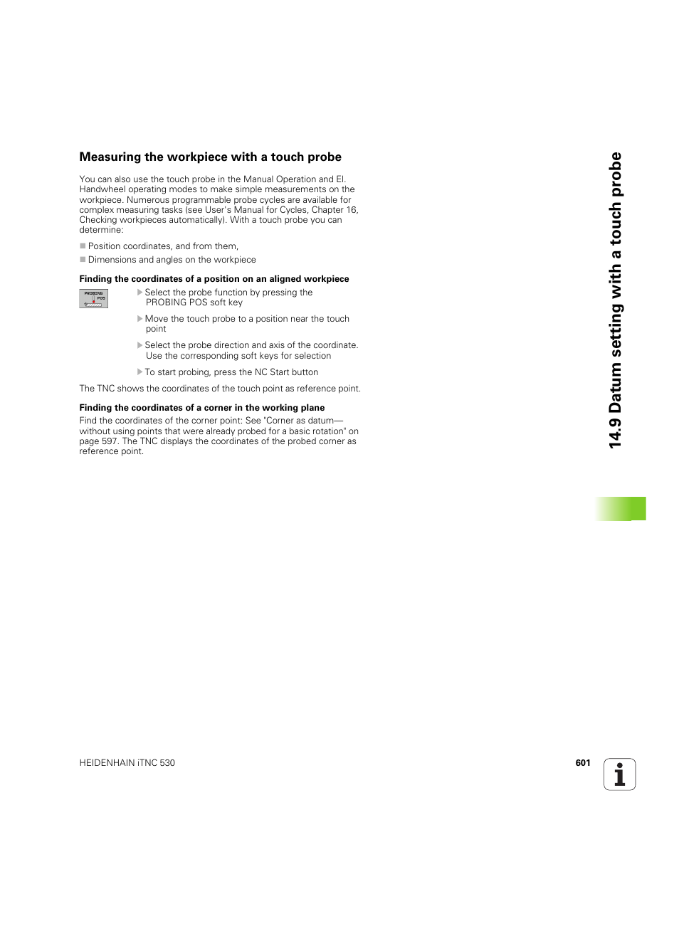 Measuring the workpiece with a touch probe | HEIDENHAIN iTNC 530 (60642x-03) User Manual | Page 601 / 735