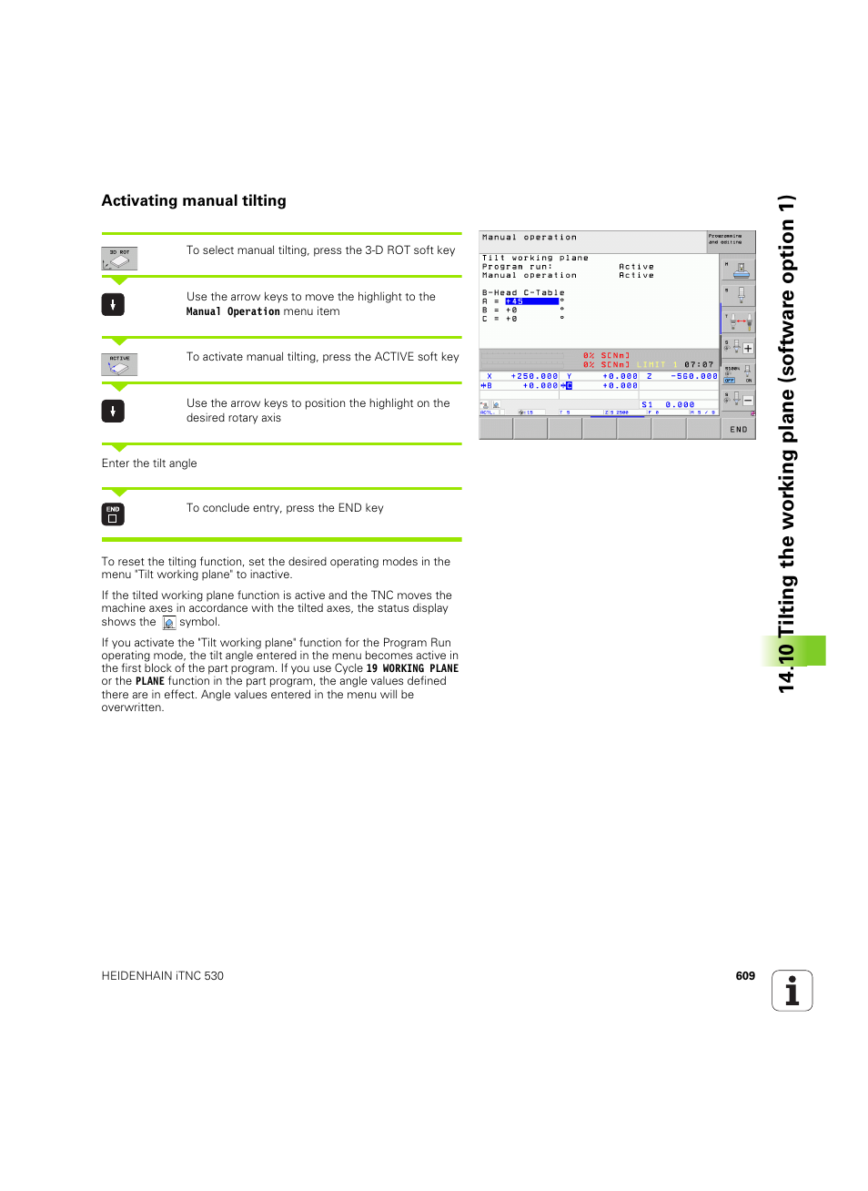 Activating manual tilting | HEIDENHAIN iTNC 530 (60642x-03) User Manual | Page 609 / 735