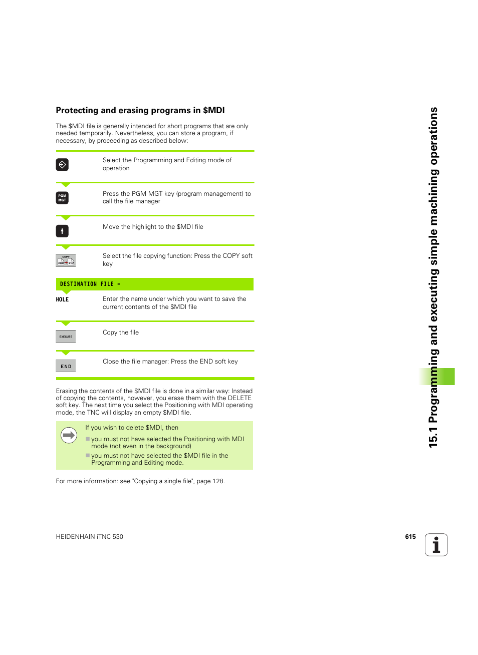 Protecting and erasing programs in $mdi | HEIDENHAIN iTNC 530 (60642x-03) User Manual | Page 615 / 735