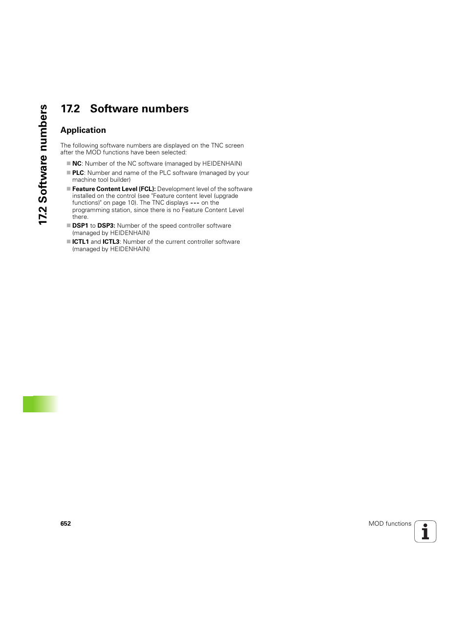 2 software numbers, Application, 2 sof tw a re numbers 17.2 software numbers | HEIDENHAIN iTNC 530 (60642x-03) User Manual | Page 652 / 735