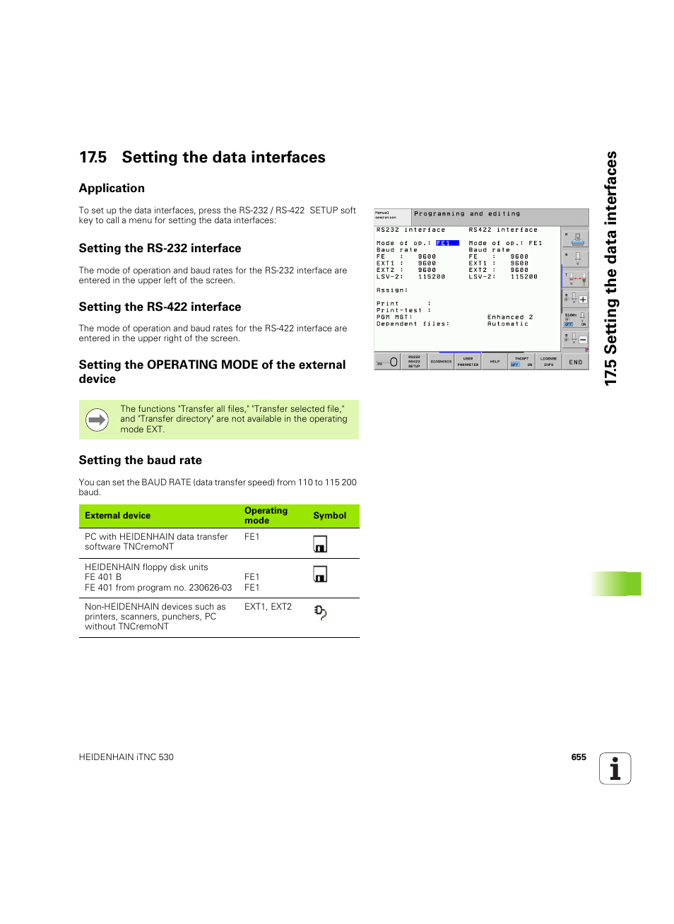 5 setting the data interfaces, Application, Setting the rs-232 interface | Setting the rs-422 interface, Setting the operating mode of the external device, Setting the baud rate | HEIDENHAIN iTNC 530 (60642x-03) User Manual | Page 655 / 735