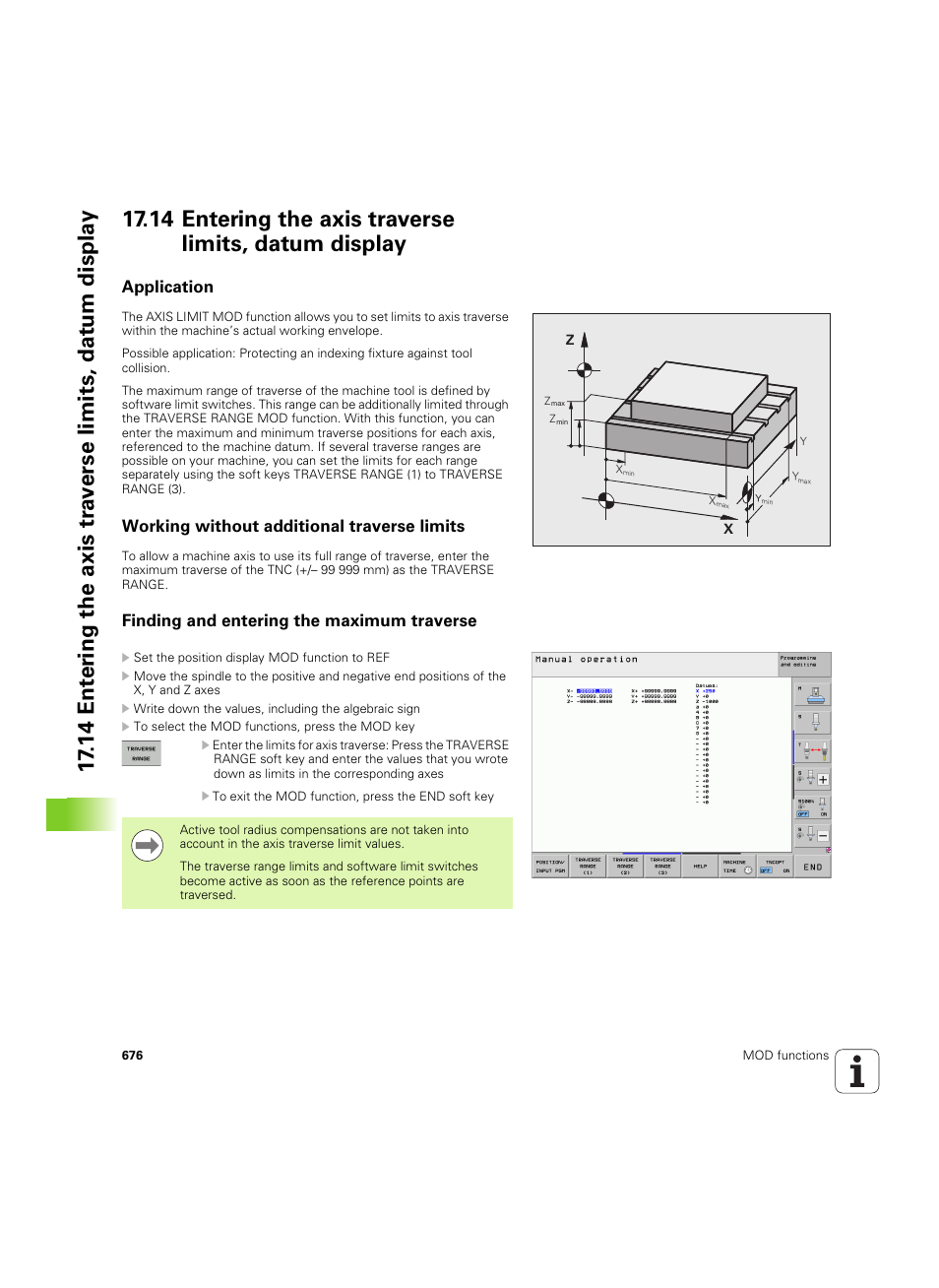 Application, Working without additional traverse limits, Finding and entering the maximum traverse | HEIDENHAIN iTNC 530 (60642x-03) User Manual | Page 676 / 735