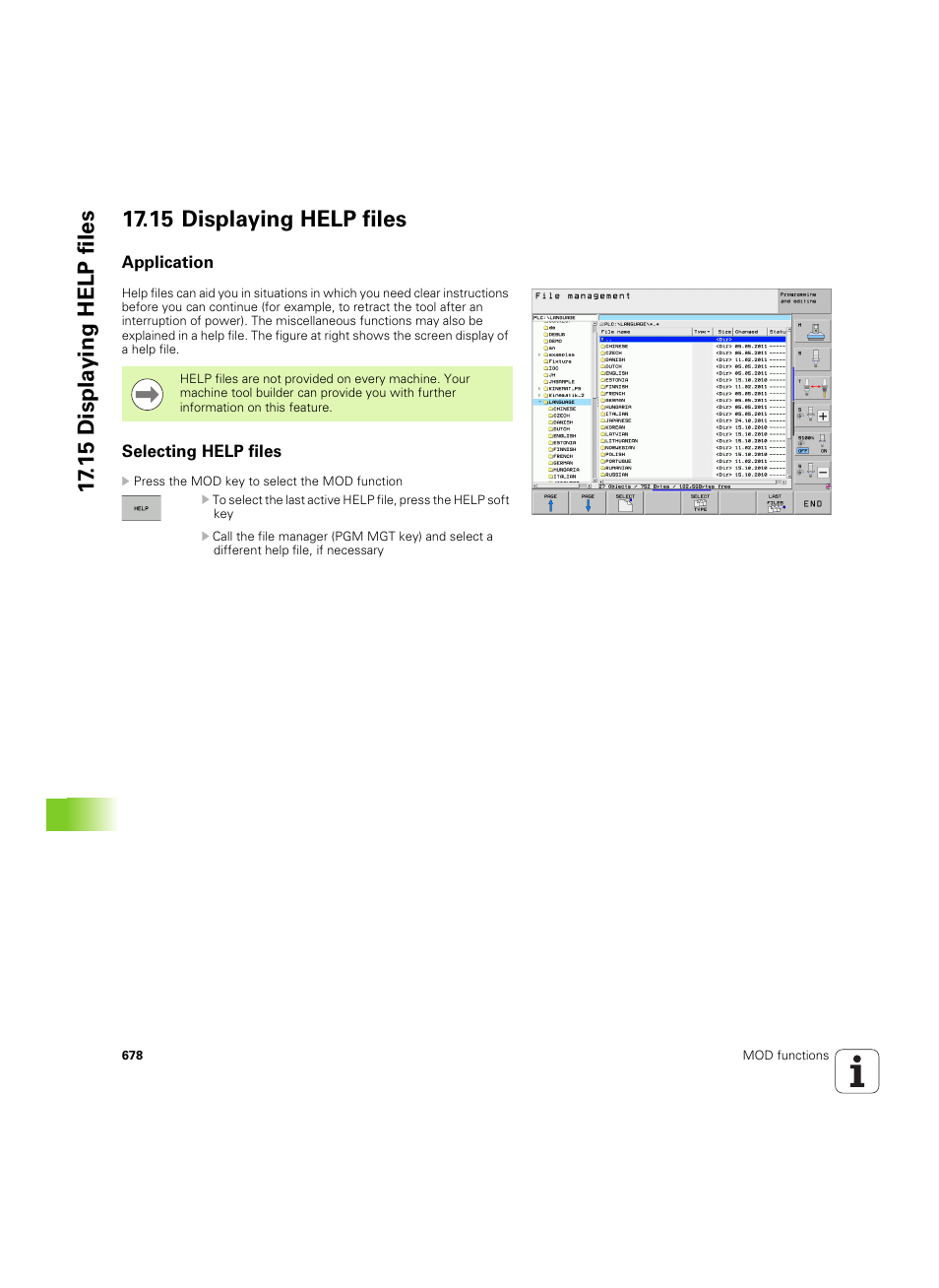 15 displaying help files, Application, Selecting help files | HEIDENHAIN iTNC 530 (60642x-03) User Manual | Page 678 / 735