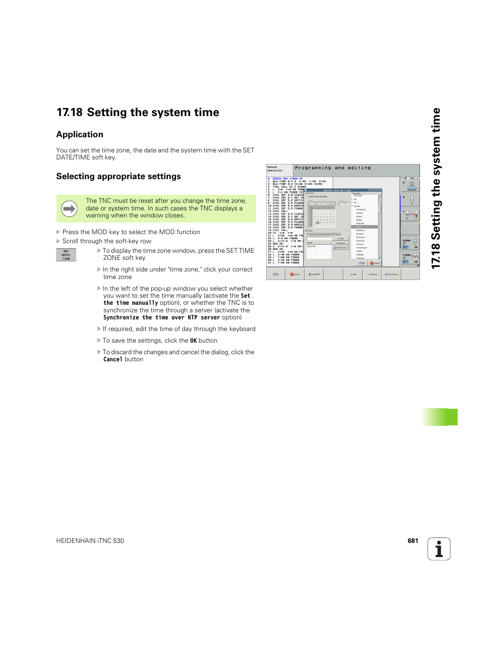 18 setting the system time, Application, Selecting appropriate settings | HEIDENHAIN iTNC 530 (60642x-03) User Manual | Page 681 / 735