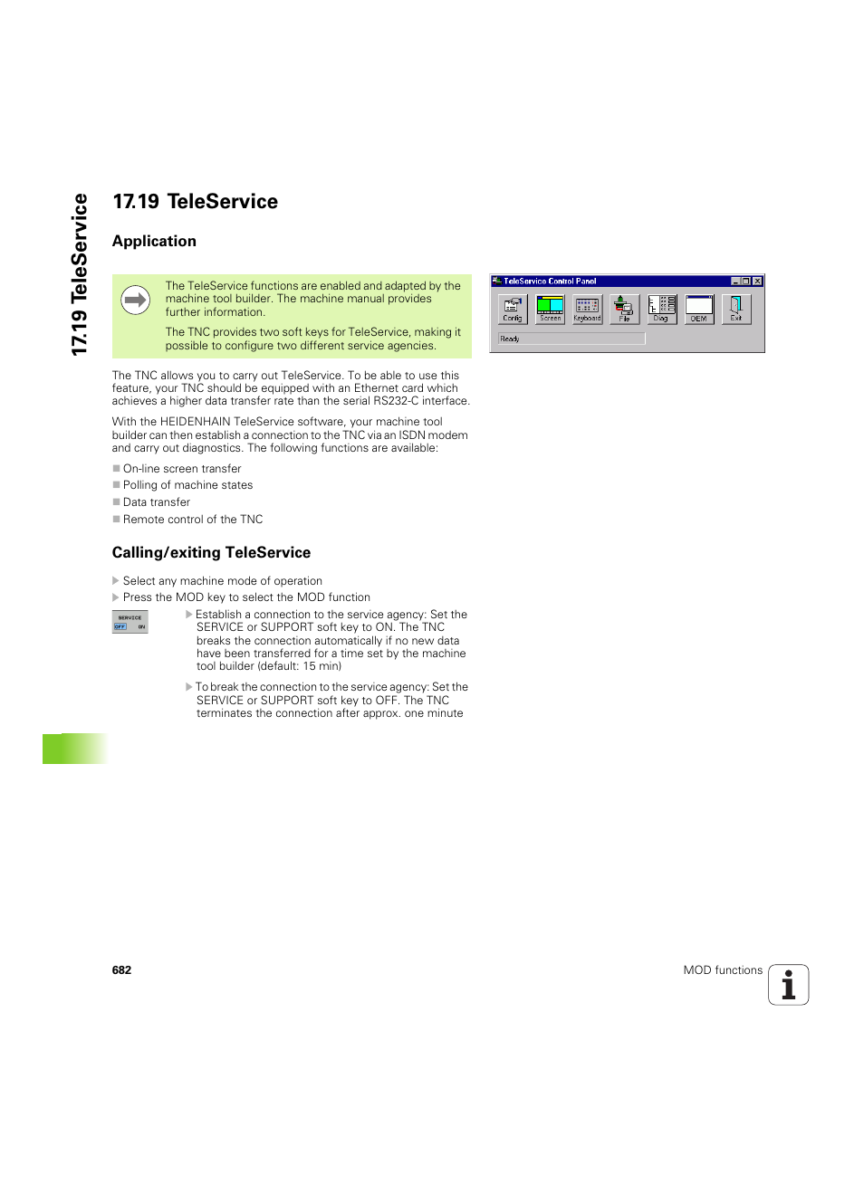 19 teleservice, Application, Calling/exiting teleservice | HEIDENHAIN iTNC 530 (60642x-03) User Manual | Page 682 / 735