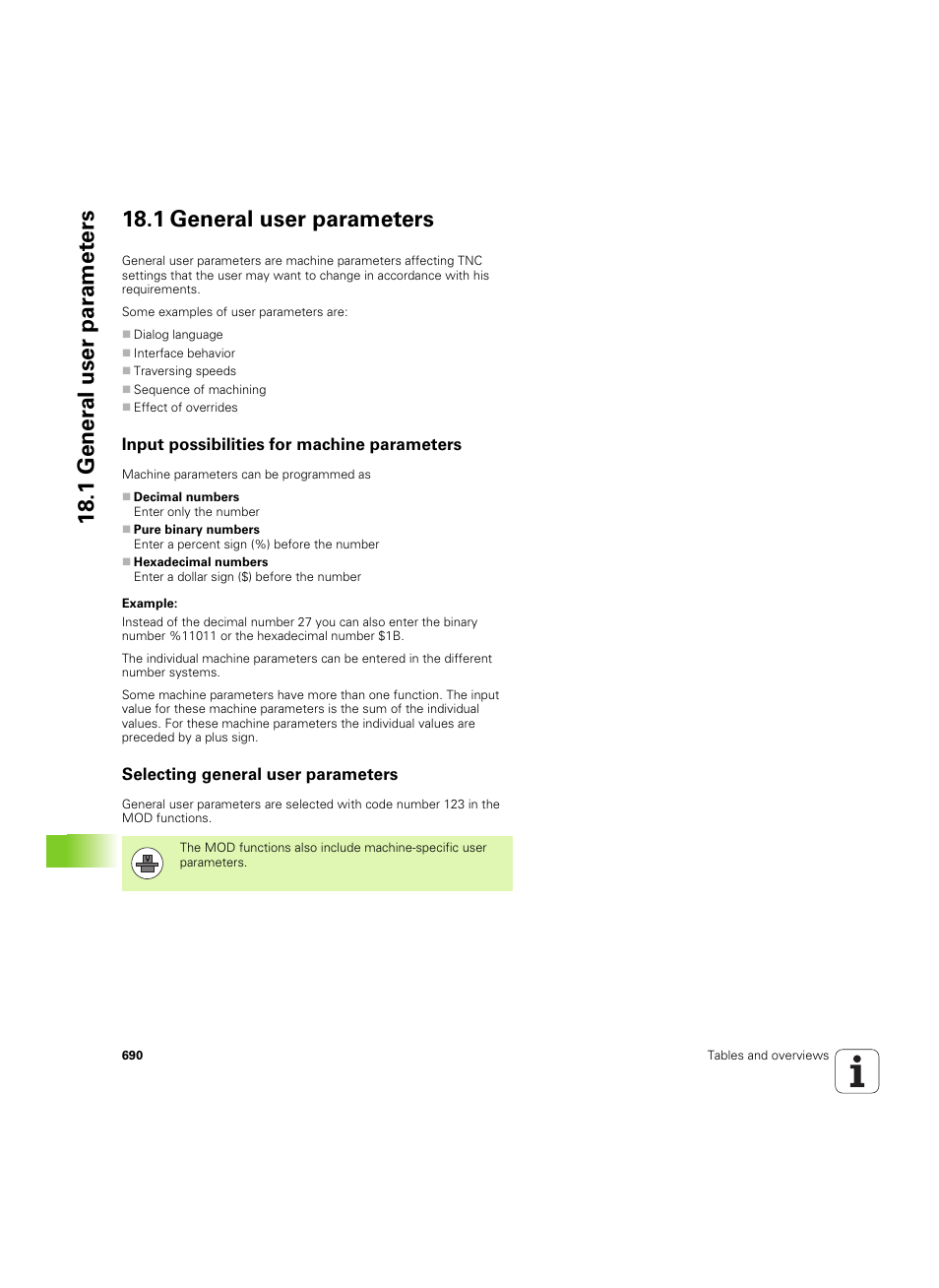 1 general user parameters, Input possibilities for machine parameters, Selecting general user parameters | HEIDENHAIN iTNC 530 (60642x-03) User Manual | Page 690 / 735