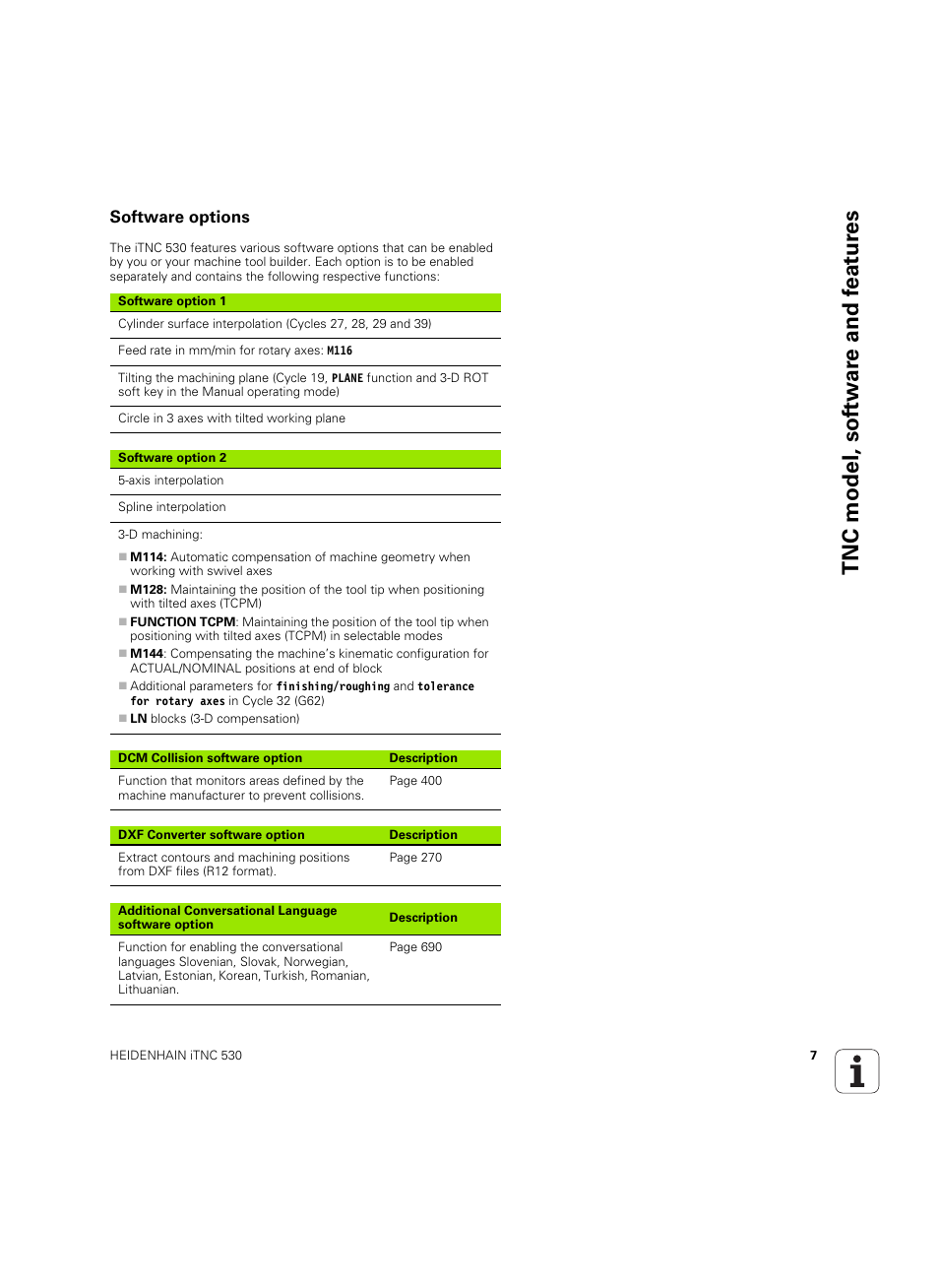Software options, Tnc model, sof tw a re and f eat ur es | HEIDENHAIN iTNC 530 (60642x-03) User Manual | Page 7 / 735