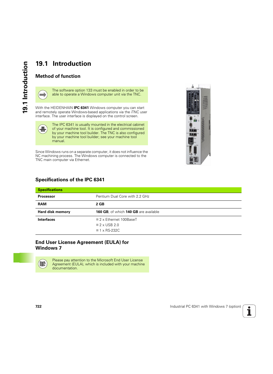 1 introduction, Method of function, Specifications of the ipc 6341 | End user license agreement (eula) for windows 7 | HEIDENHAIN iTNC 530 (60642x-03) User Manual | Page 722 / 735