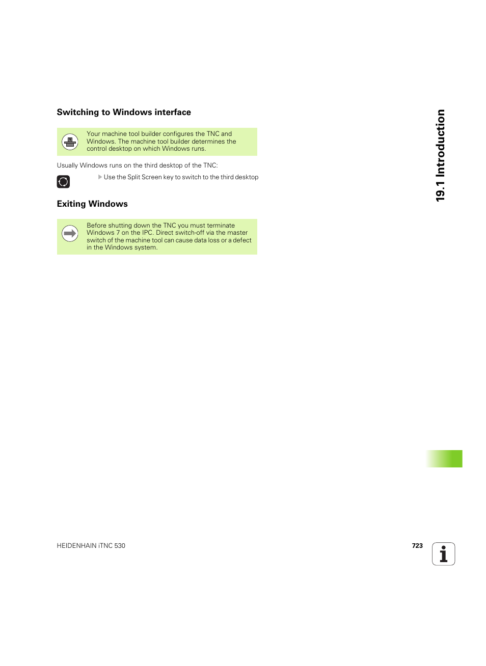 Switching to windows interface, Exiting windows, 19 .1 intr oduction | HEIDENHAIN iTNC 530 (60642x-03) User Manual | Page 723 / 735