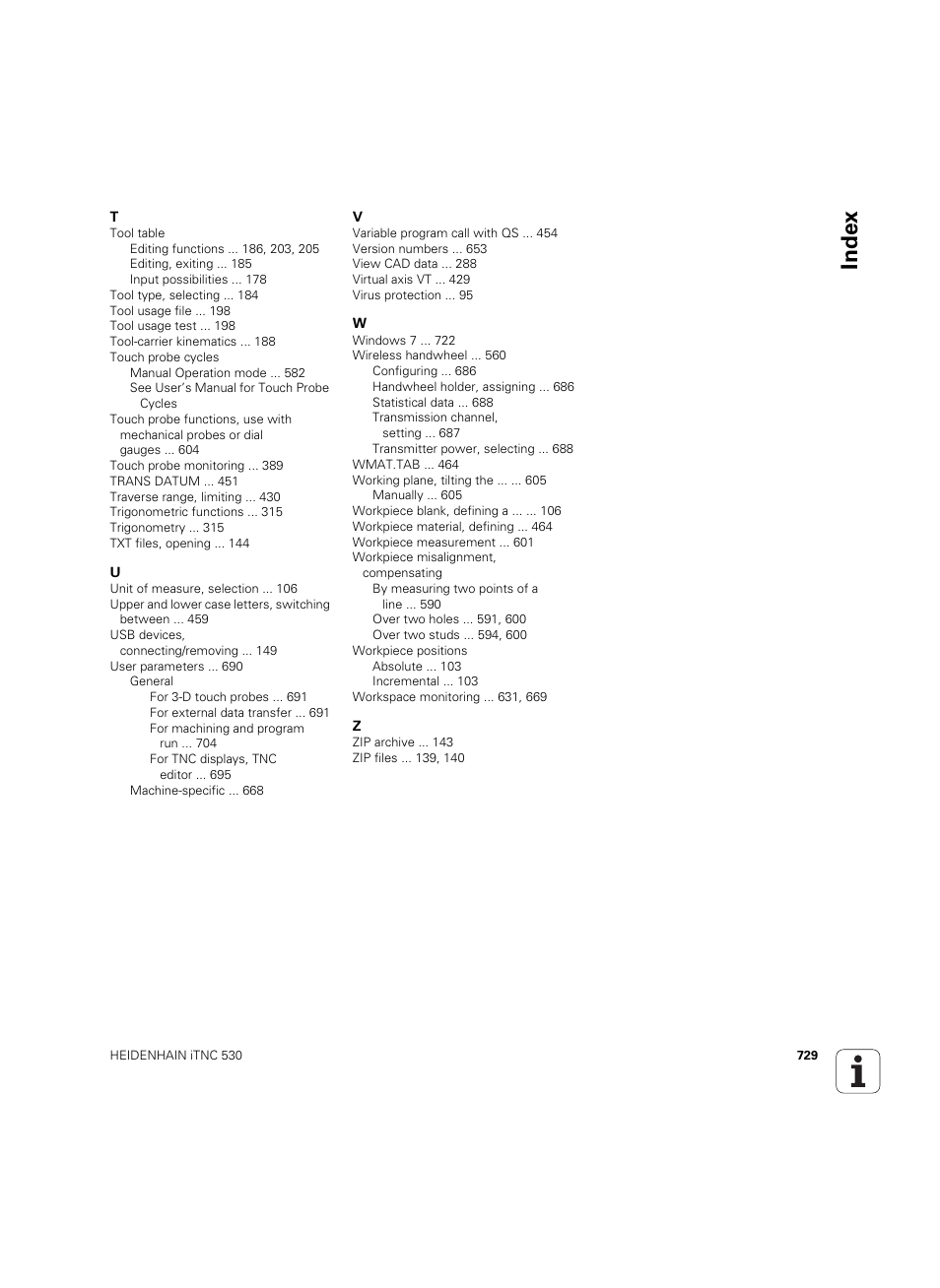 Index | HEIDENHAIN iTNC 530 (60642x-03) User Manual | Page 729 / 735