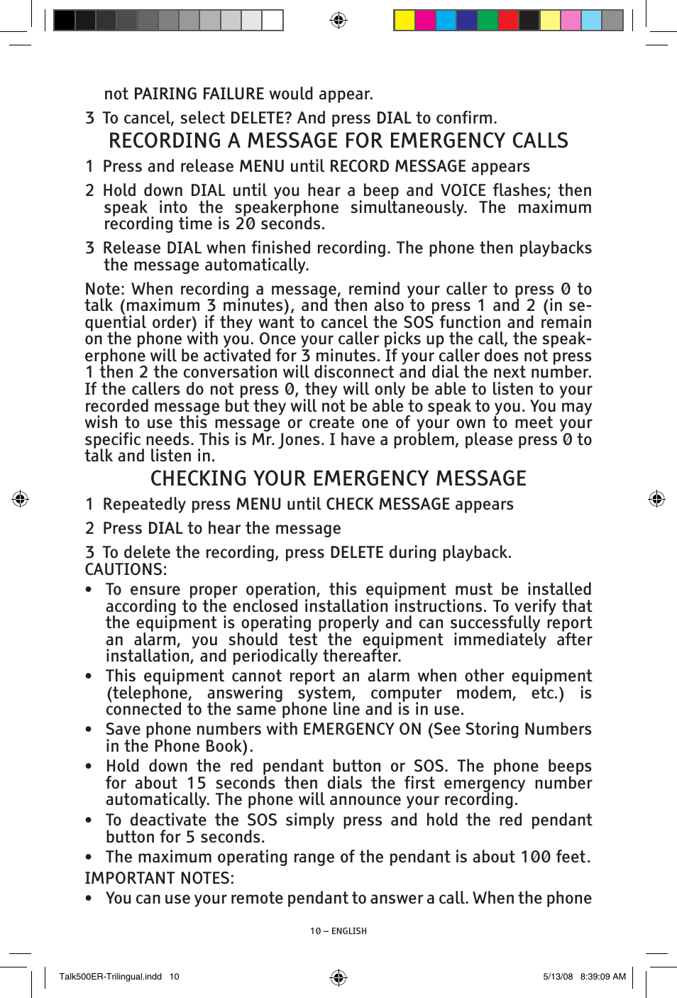 Recording a message for emergency calls, Checking your emergency message | ClearSounds TALK500 ER User Manual | Page 10 / 64