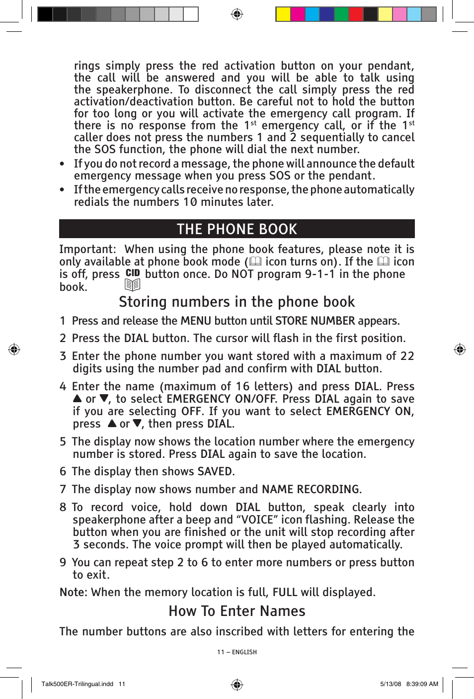 Untitled, The phone book, Storing numbers in the phone book | How to enter names | ClearSounds TALK500 ER User Manual | Page 11 / 64