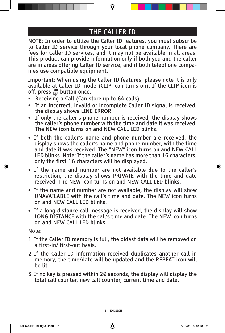 The caller id | ClearSounds TALK500 ER User Manual | Page 15 / 64