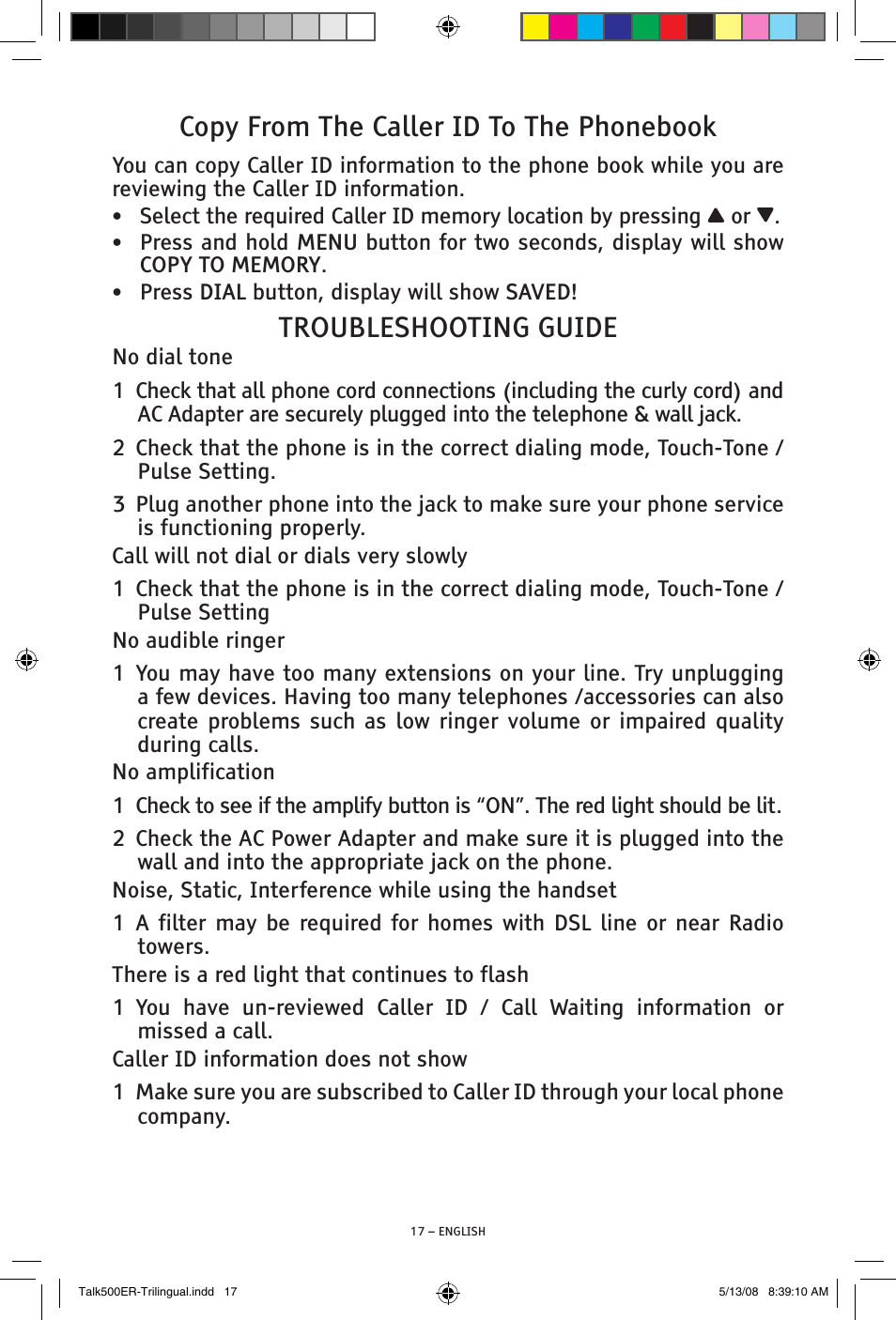 Copy from the caller id to the phonebook, Troubleshooting guide | ClearSounds TALK500 ER User Manual | Page 17 / 64