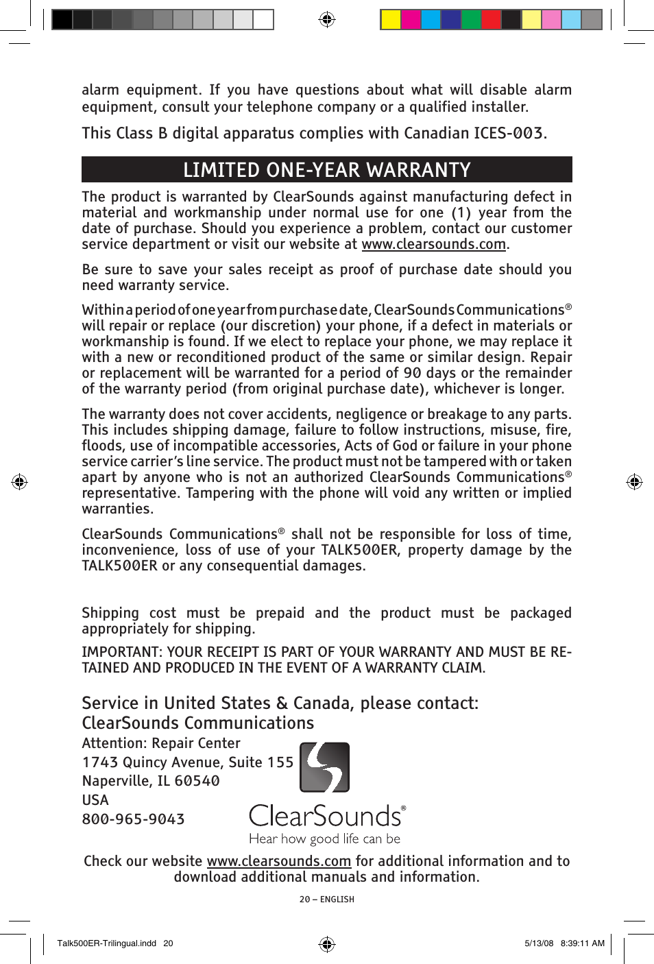 Limited one-year warranty | ClearSounds TALK500 ER User Manual | Page 20 / 64
