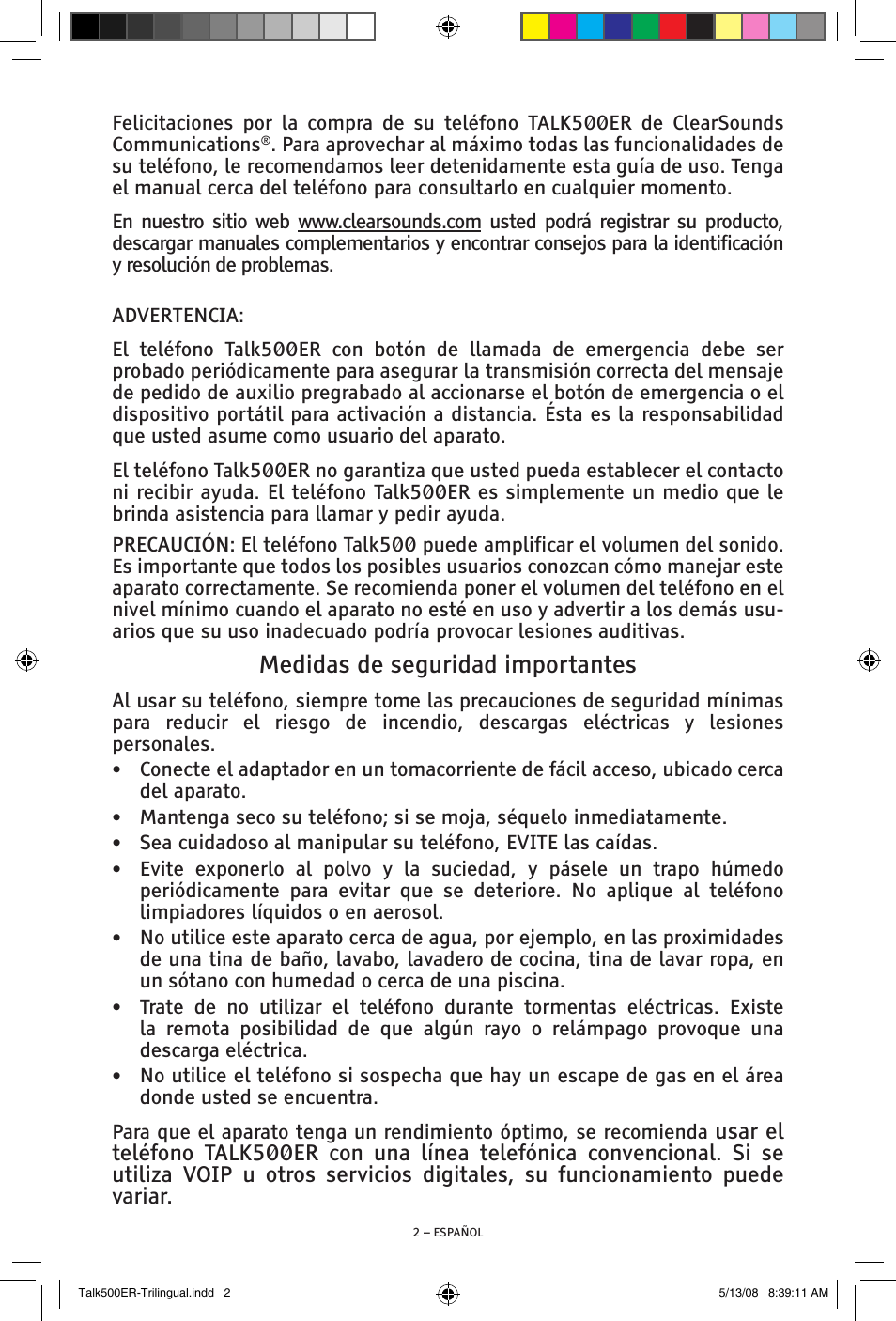 Medidas de seguridad importantes | ClearSounds TALK500 ER User Manual | Page 22 / 64