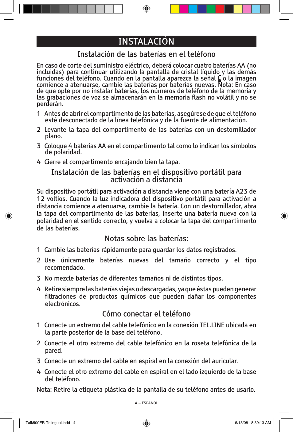 Instalación, Instalación de las baterías en el teléfono, Notas sobre las baterías | Cómo conectar el teléfono | ClearSounds TALK500 ER User Manual | Page 24 / 64