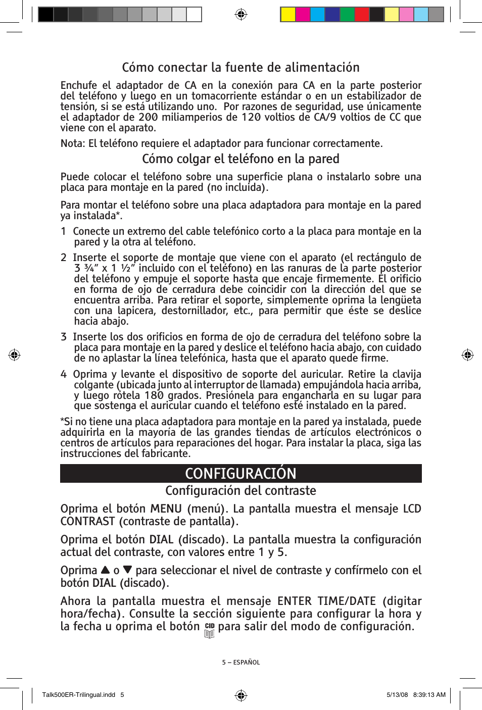 Configuración, Cómo conectar la fuente de alimentación, Cómo colgar el teléfono en la pared | Configuración del contraste | ClearSounds TALK500 ER User Manual | Page 25 / 64