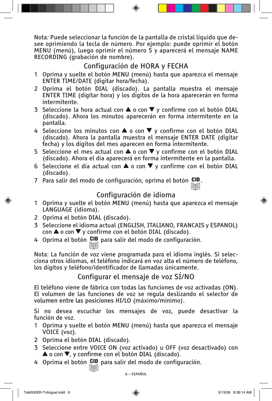 Configuración de hora y fecha, Configuración de idioma, Configurar el mensaje de voz sí/no | ClearSounds TALK500 ER User Manual | Page 26 / 64