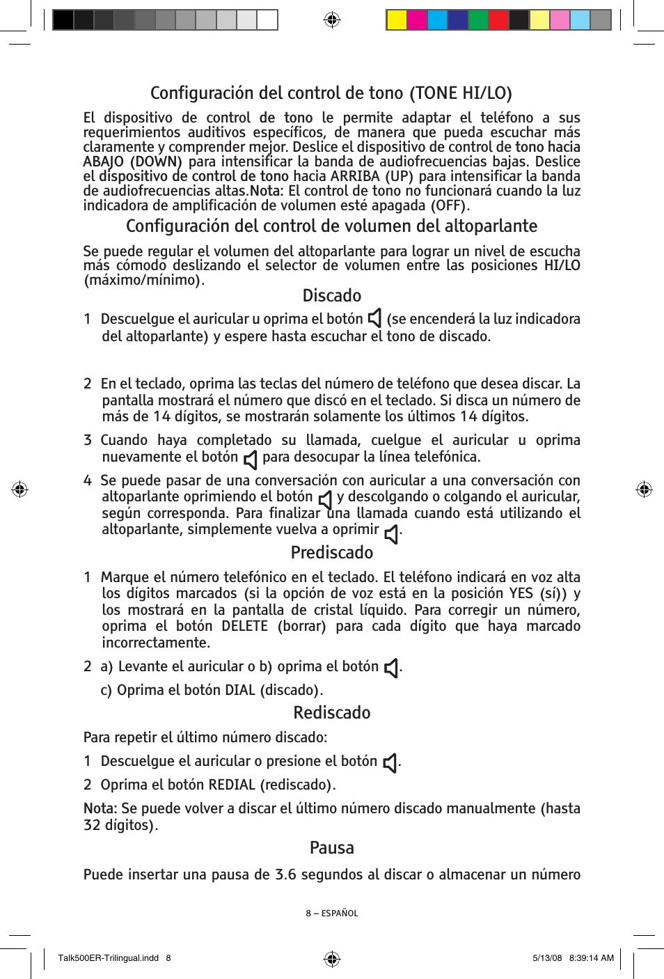 Configuración del control de tono (tone hi/lo), Discado, Prediscado | Rediscado, Pausa | ClearSounds TALK500 ER User Manual | Page 28 / 64
