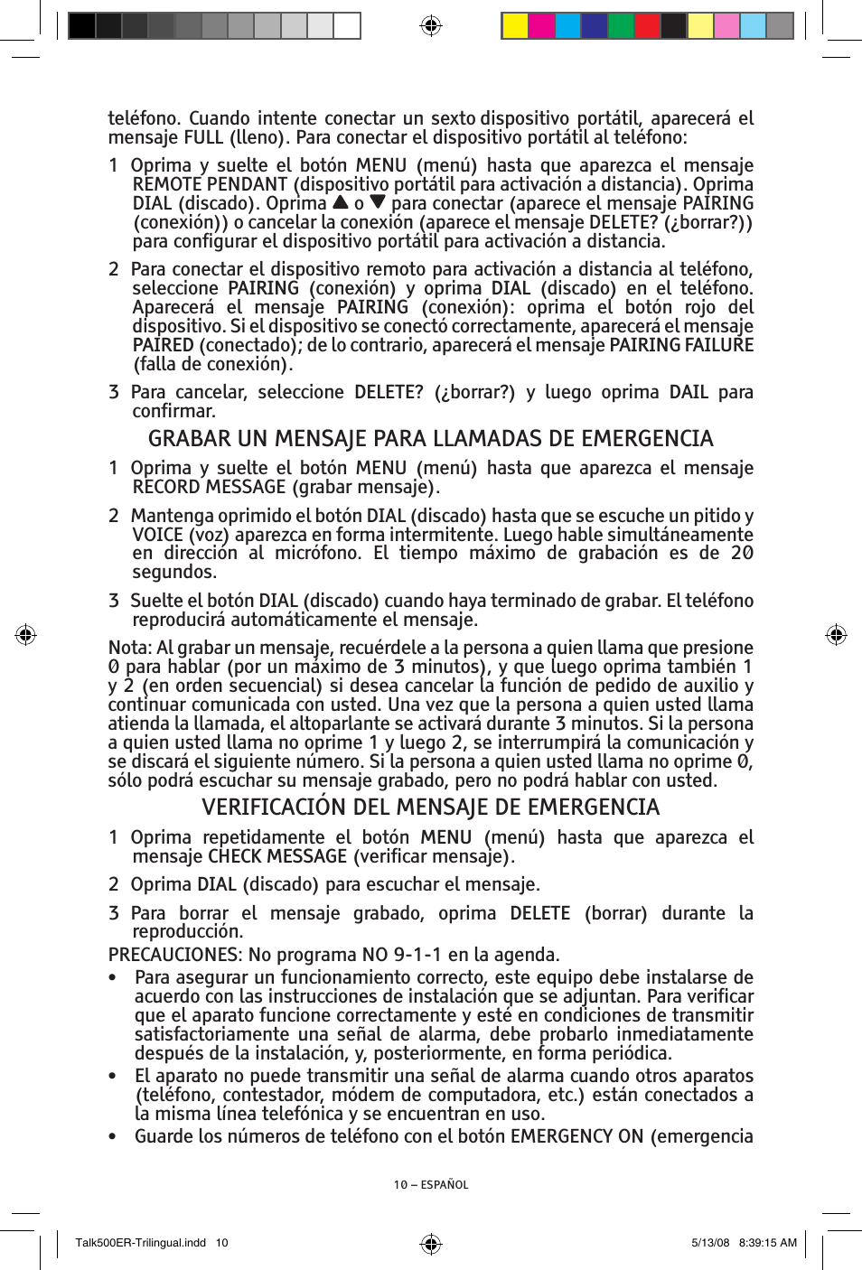 Grabar un mensaje para llamadas de emergencia, Verificación del mensaje de emergencia | ClearSounds TALK500 ER User Manual | Page 30 / 64