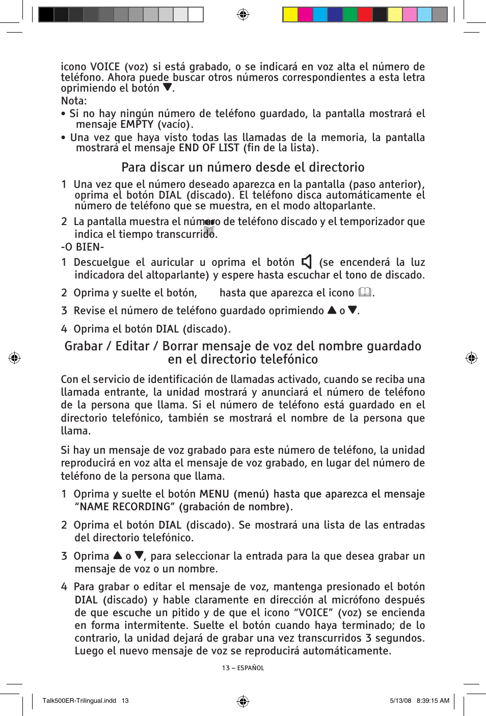 Para discar un número desde el directorio | ClearSounds TALK500 ER User Manual | Page 33 / 64