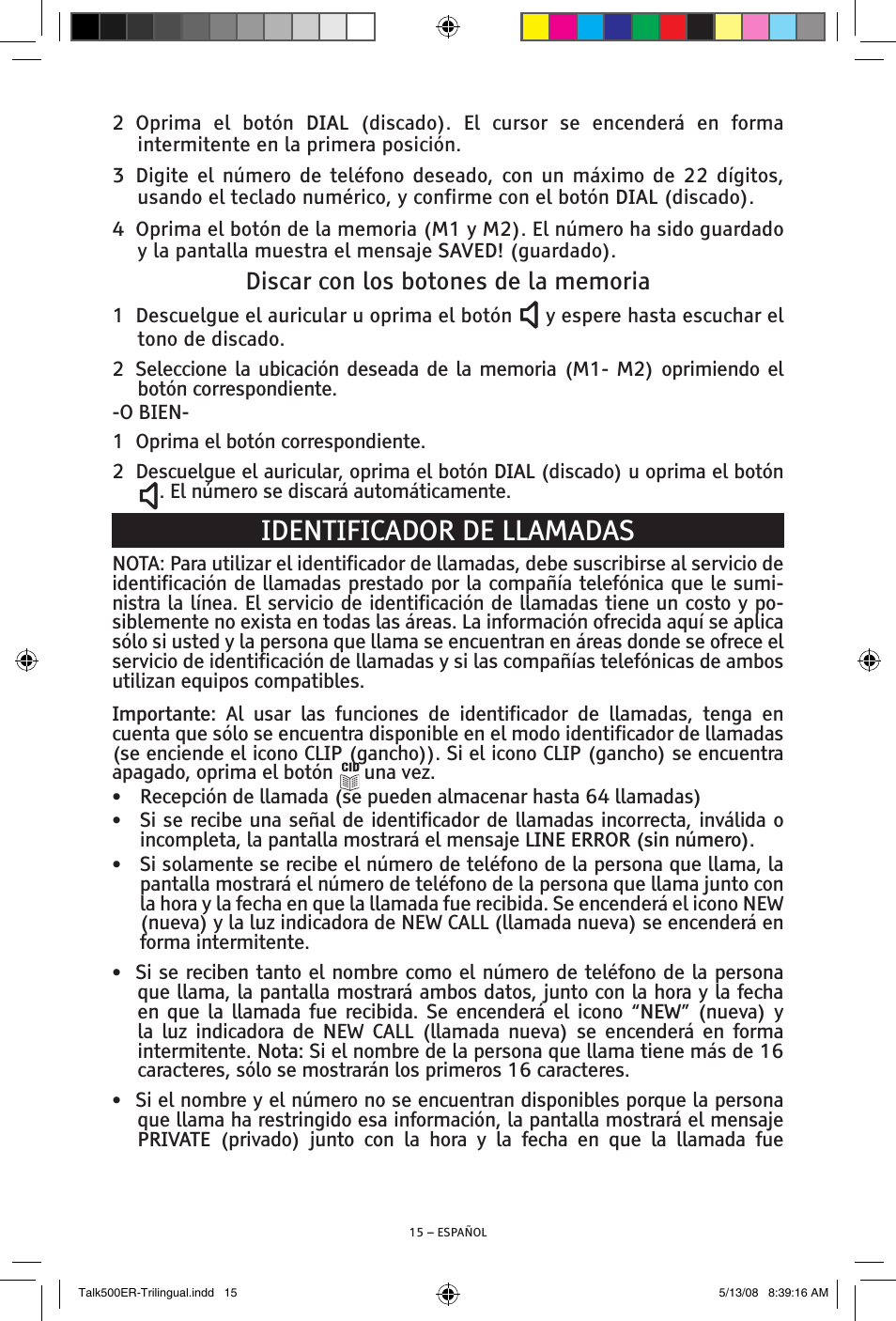 Identificador de llamadas | ClearSounds TALK500 ER User Manual | Page 35 / 64