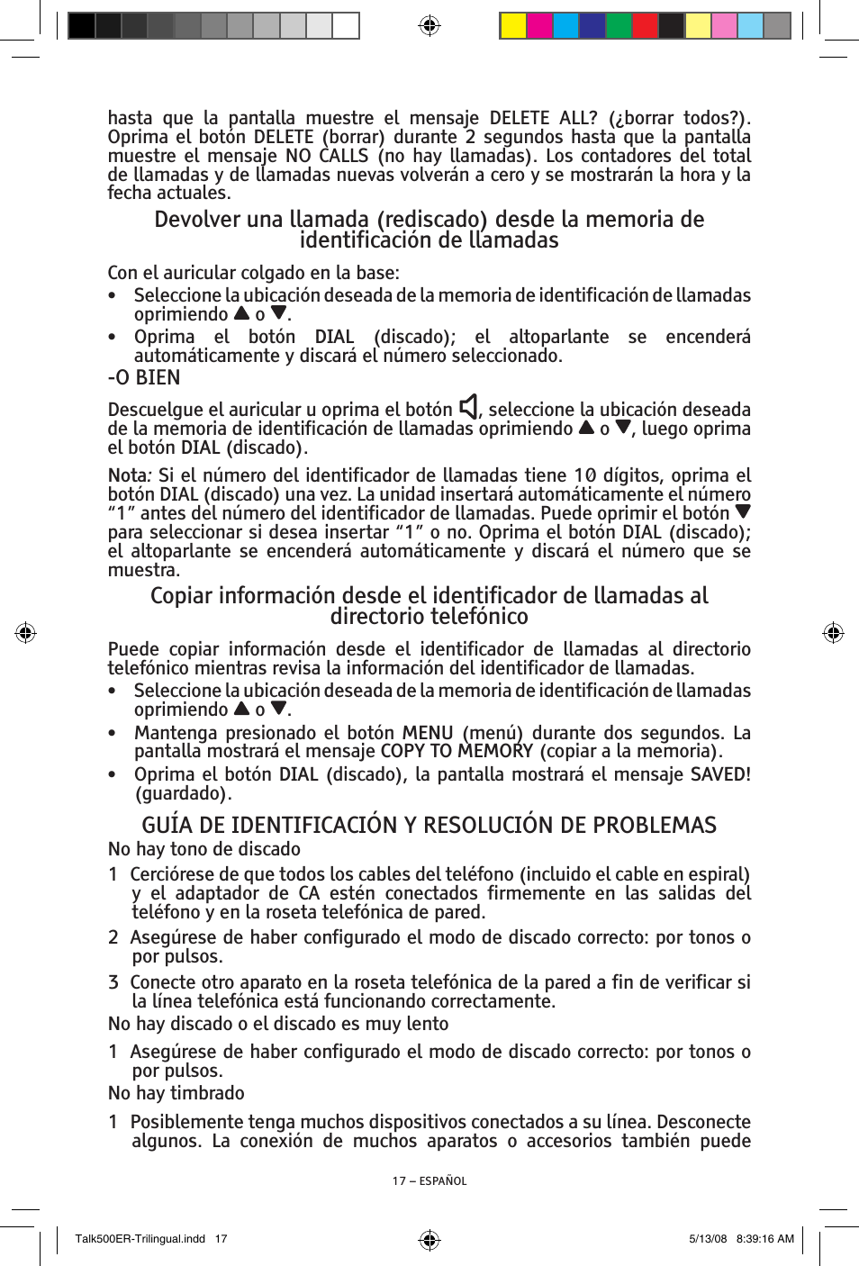 Guía de identificación y resolución de problemas | ClearSounds TALK500 ER User Manual | Page 37 / 64
