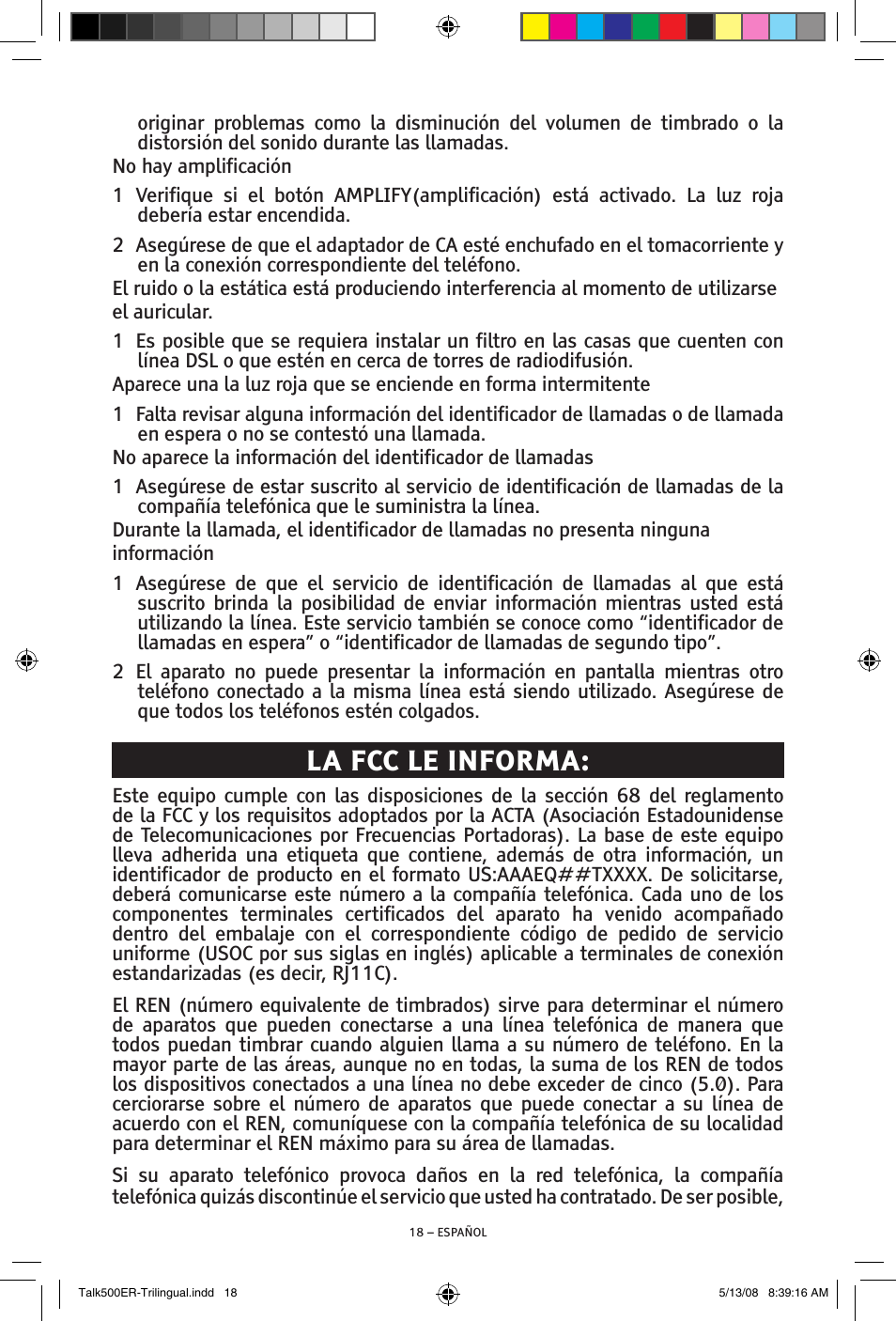 La fcc le informa | ClearSounds TALK500 ER User Manual | Page 38 / 64