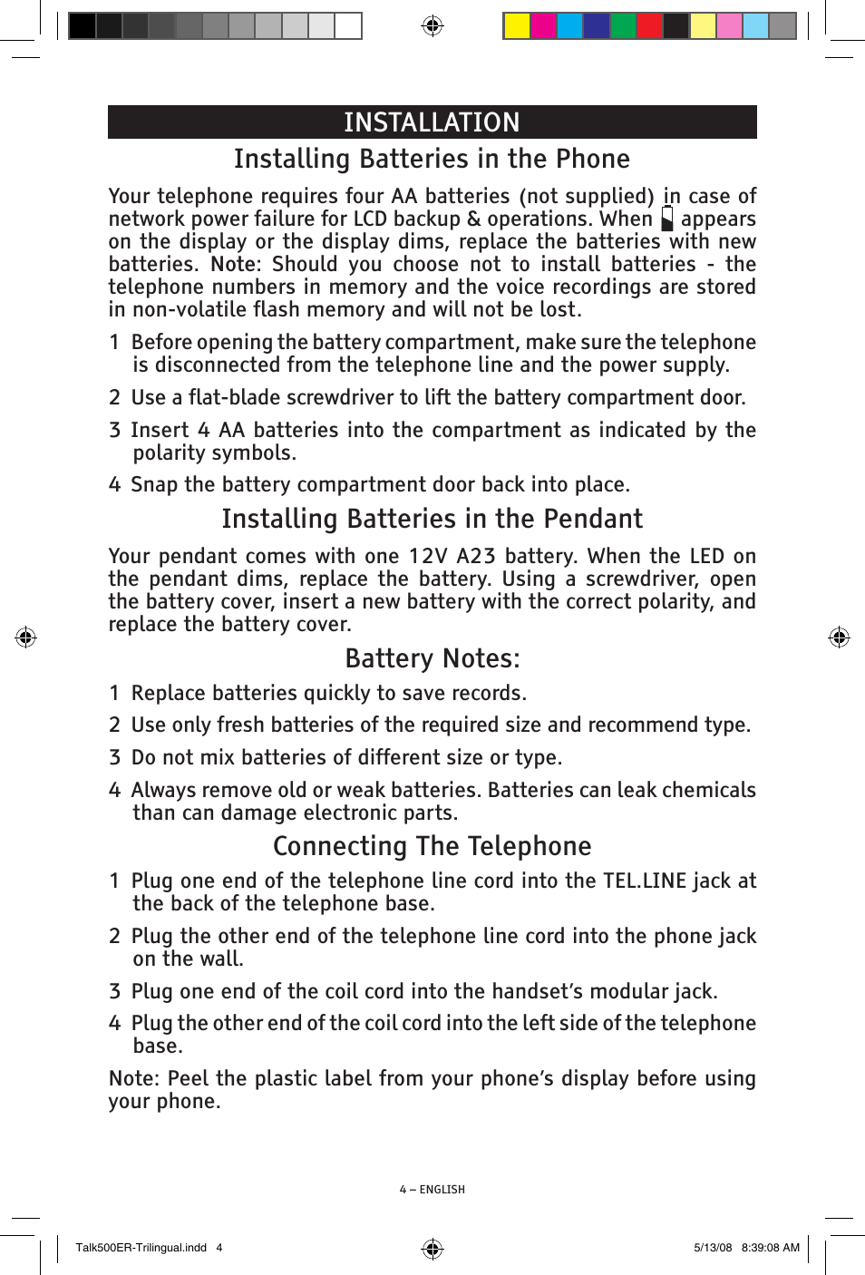 Installation installing batteries in the phone, Installing batteries in the pendant, Connecting the telephone | ClearSounds TALK500 ER User Manual | Page 4 / 64
