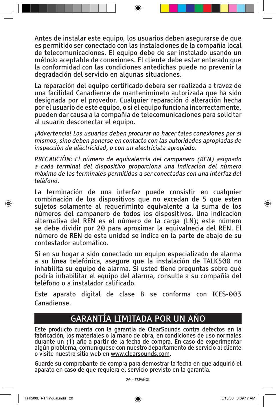 Garantía limitada por un año | ClearSounds TALK500 ER User Manual | Page 40 / 64