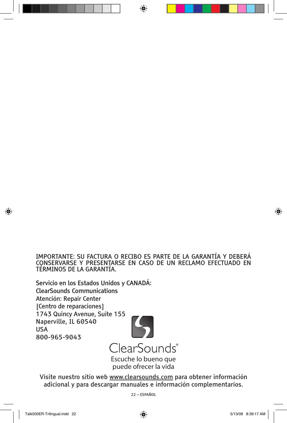 Escuche lo bueno que puede ofrecer la vida | ClearSounds TALK500 ER User Manual | Page 42 / 64