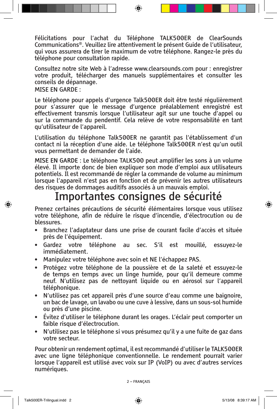 Importantes consignes de sécurité | ClearSounds TALK500 ER User Manual | Page 44 / 64