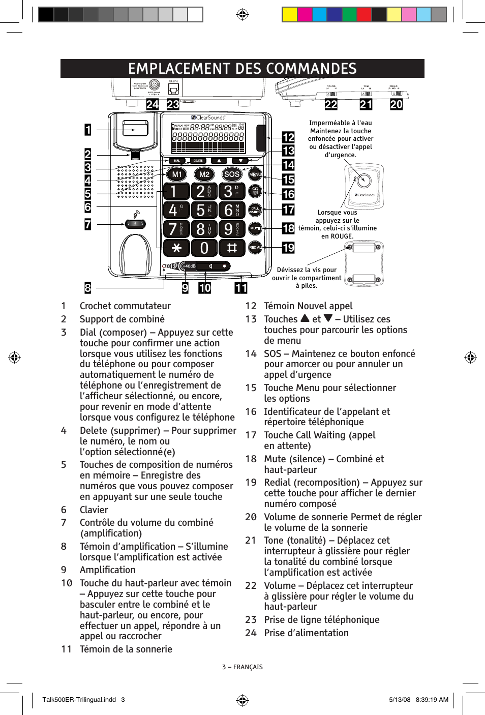 Emplacement des commandes | ClearSounds TALK500 ER User Manual | Page 45 / 64