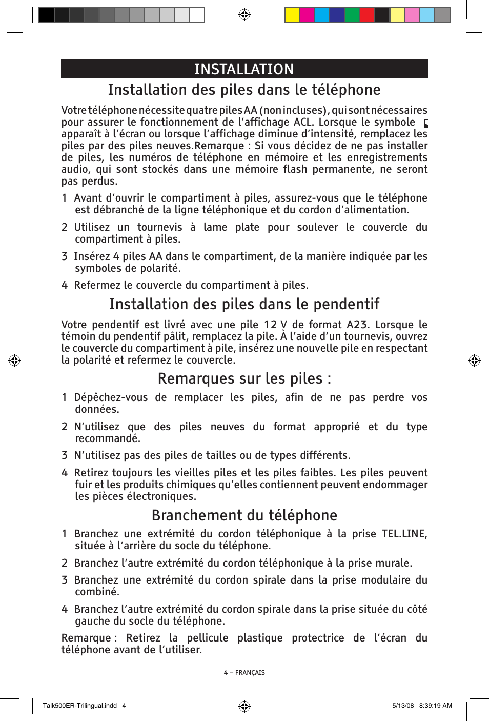 Installation des piles dans le pendentif, Remarques sur les piles, Branchement du téléphone | ClearSounds TALK500 ER User Manual | Page 46 / 64