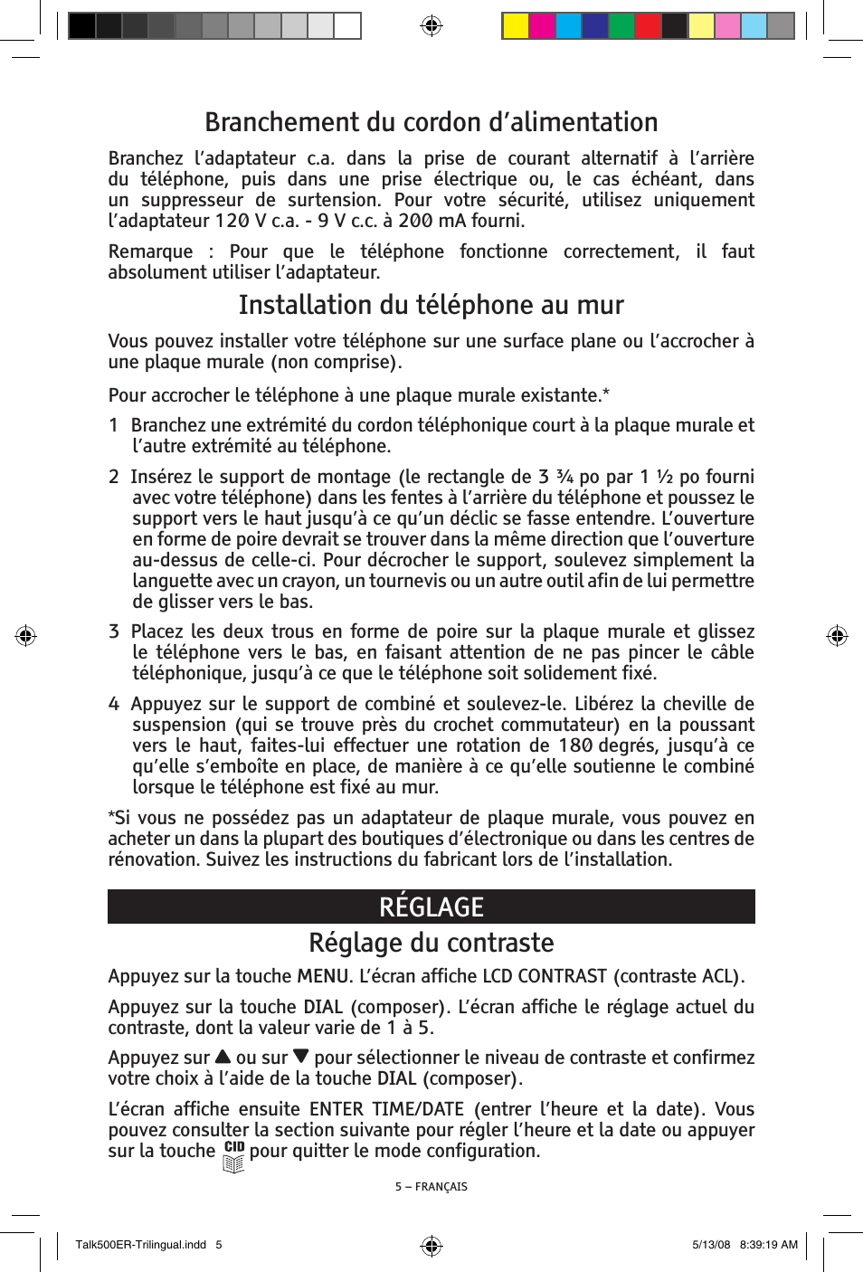 Branchement du cordon d’alimentation, Installation du téléphone au mur, Réglage réglage du contraste | ClearSounds TALK500 ER User Manual | Page 47 / 64