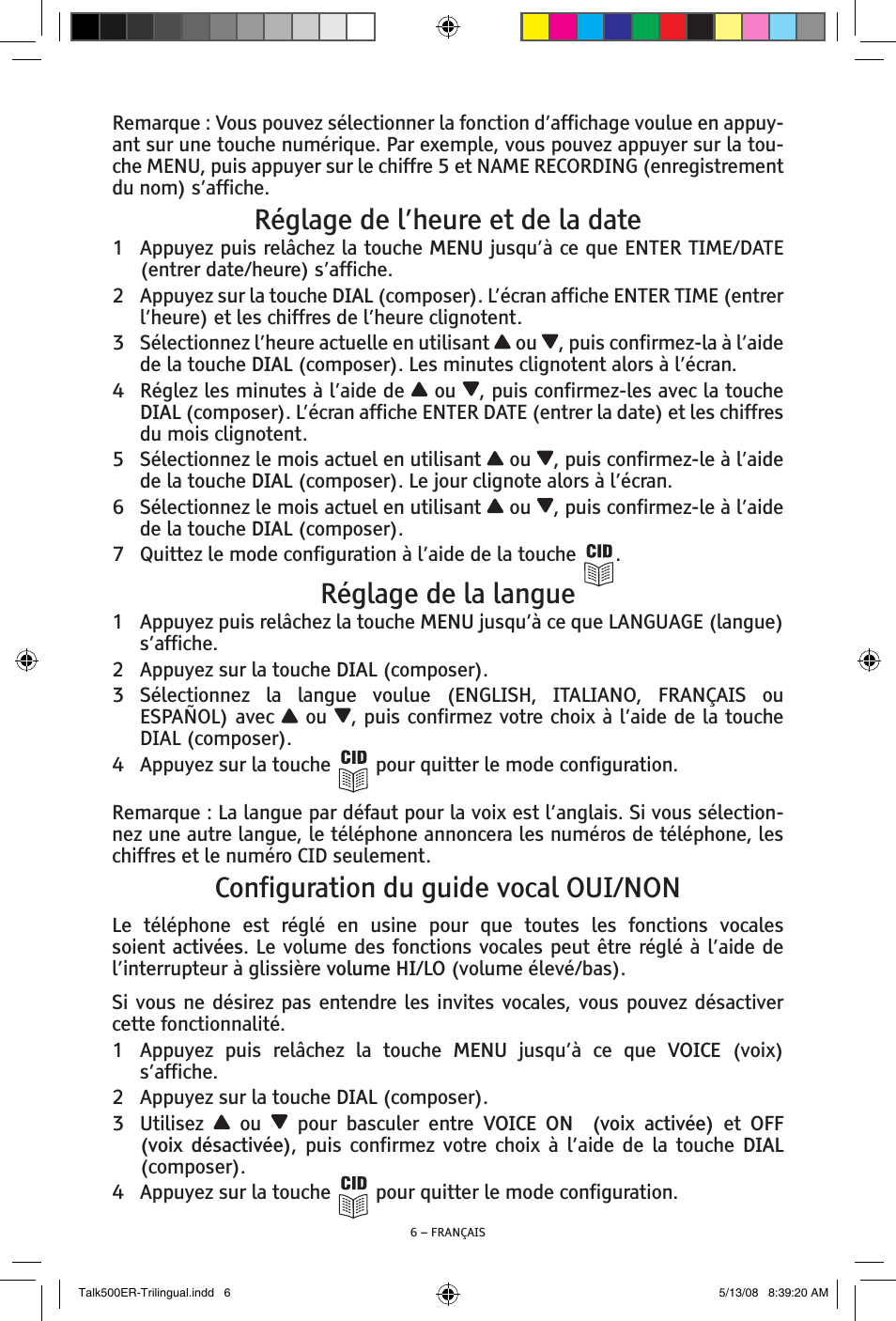 Réglage de l’heure et de la date, Réglage de la langue, Configuration du guide vocal oui/non | ClearSounds TALK500 ER User Manual | Page 48 / 64
