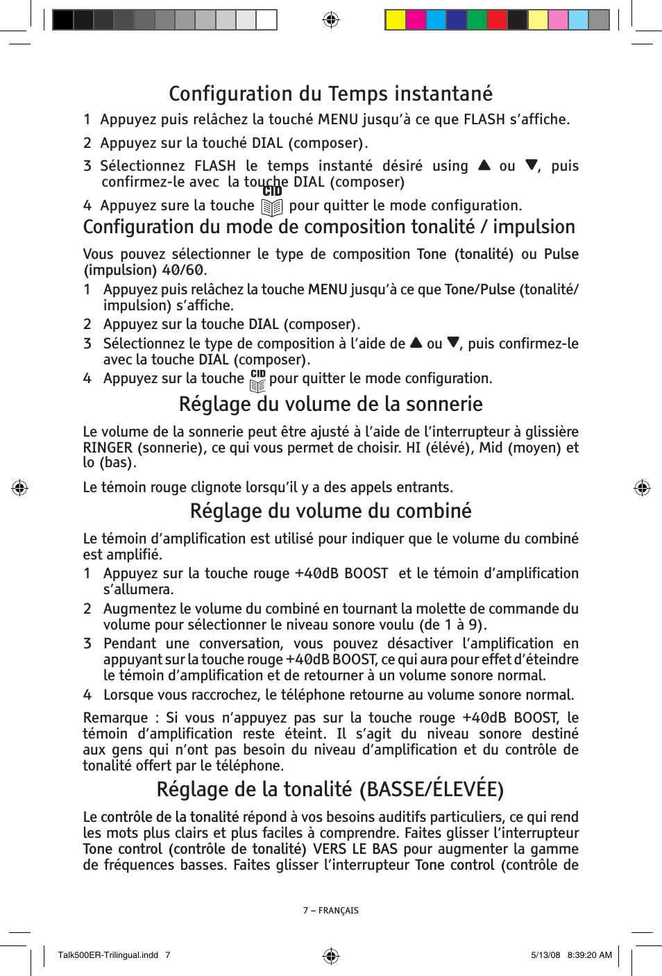Configuration du temps instantané, Réglage du volume de la sonnerie, Réglage du volume du combiné | Réglage de la tonalité (basse/élevée) | ClearSounds TALK500 ER User Manual | Page 49 / 64
