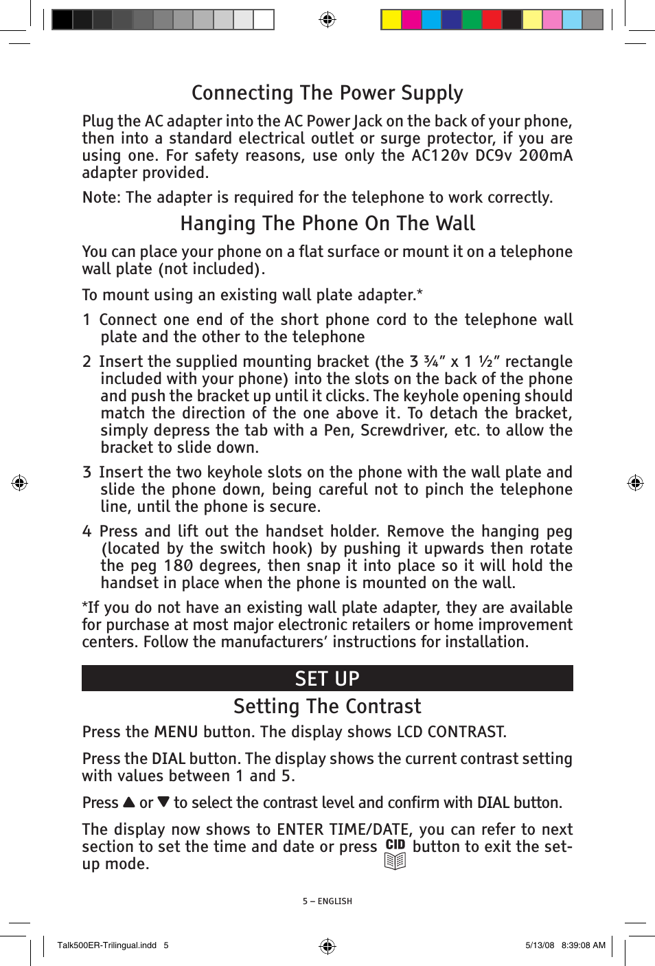 Connecting the power supply, Hanging the phone on the wall, Set up setting the contrast | ClearSounds TALK500 ER User Manual | Page 5 / 64