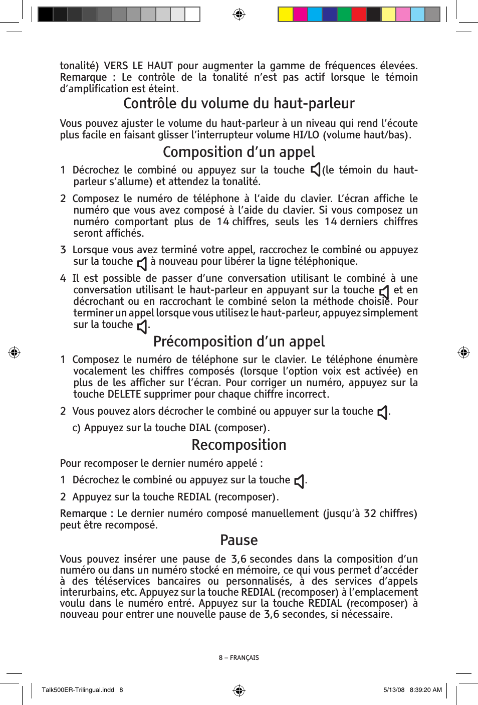 Contrôle du volume du haut-parleur, Composition d’un appel, Précomposition d’un appel | Recomposition, Pause | ClearSounds TALK500 ER User Manual | Page 50 / 64